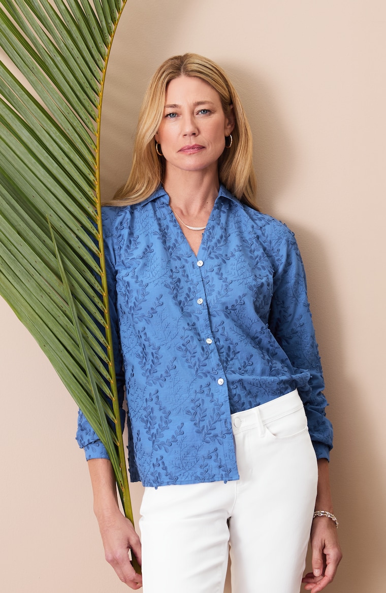 Primary view of the leaf-embroidered cotton shirt