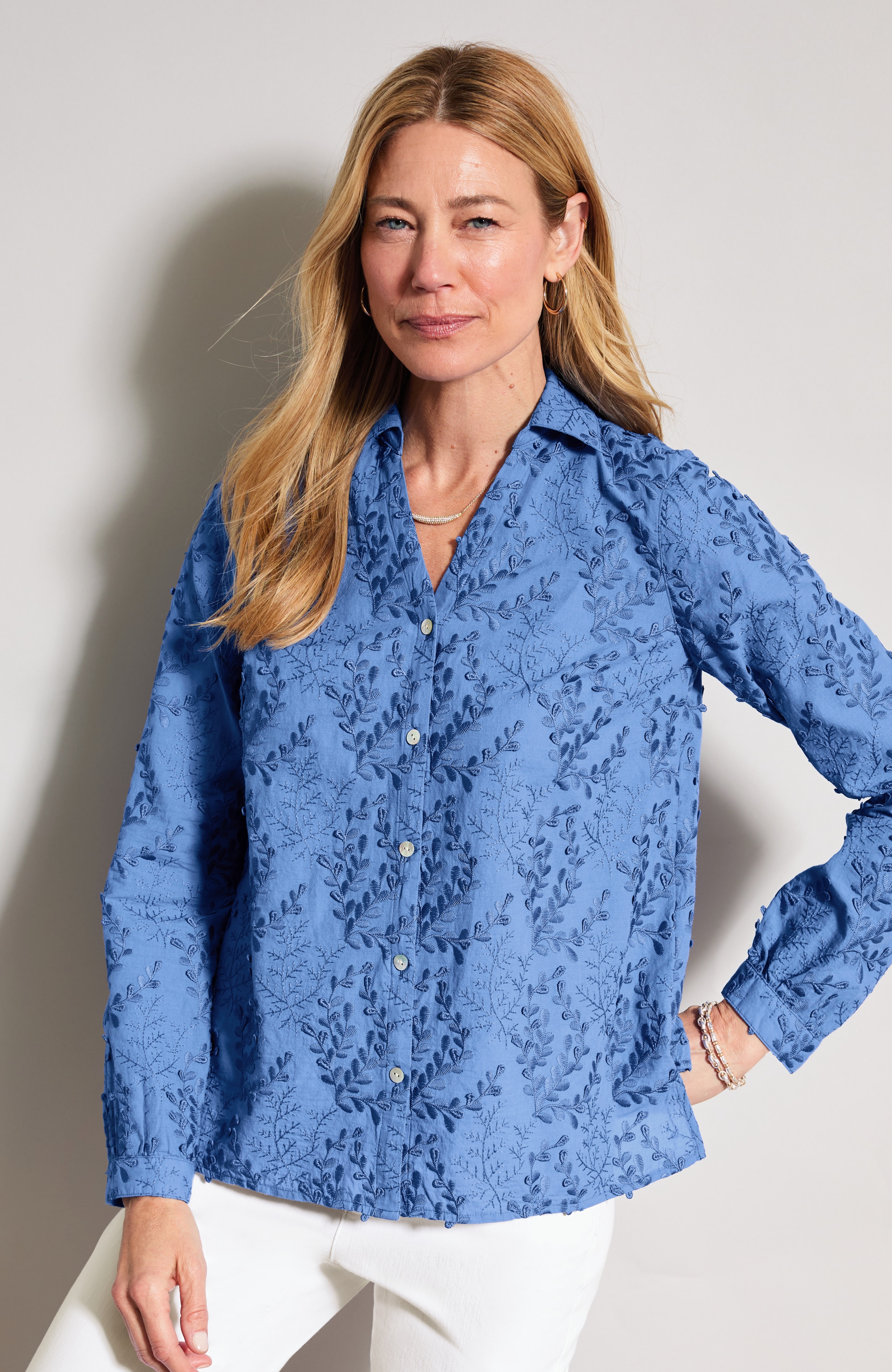 Leaf-Embroidered Cotton Shirt