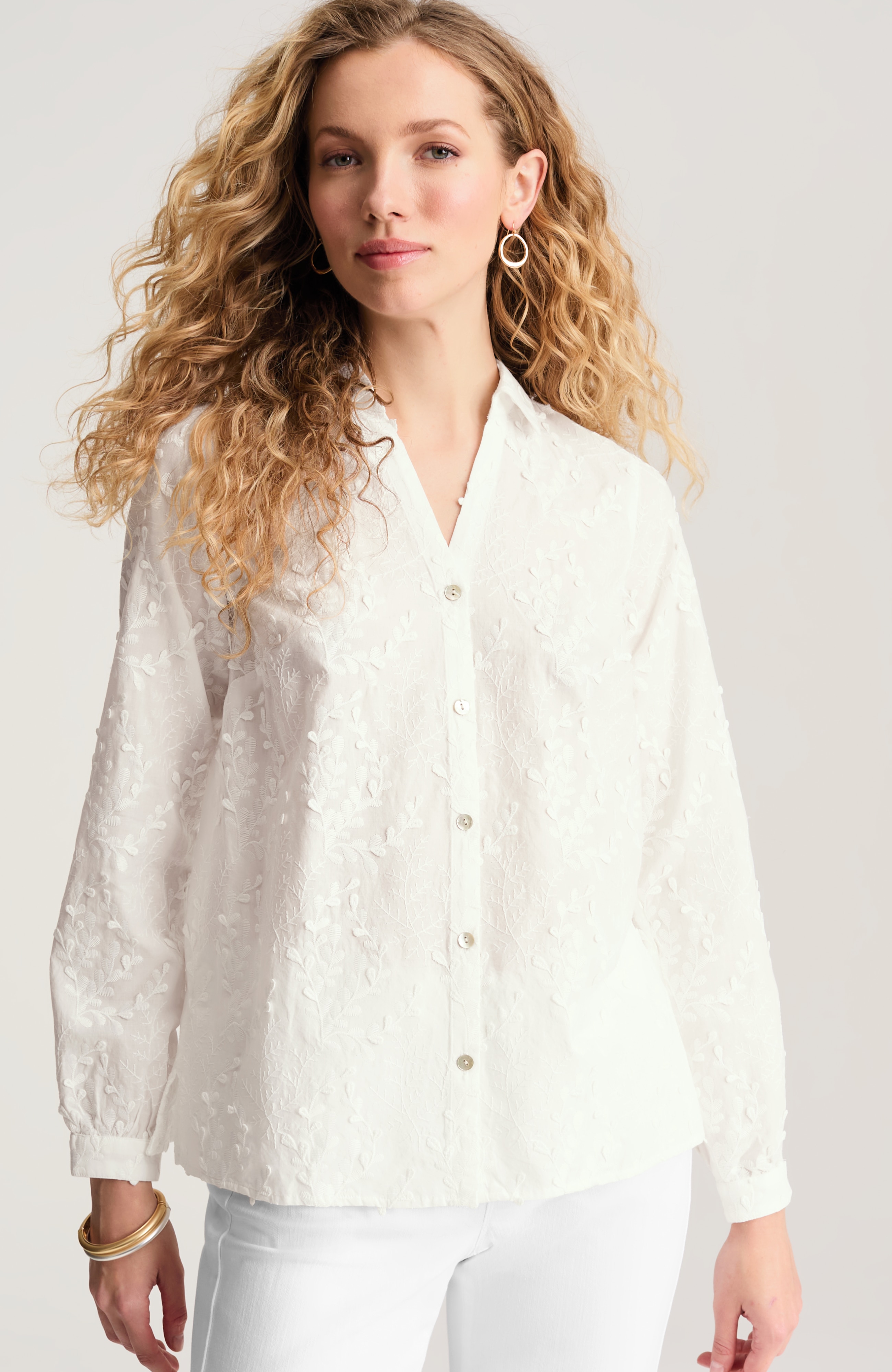 leaf-embroidered cotton shirt