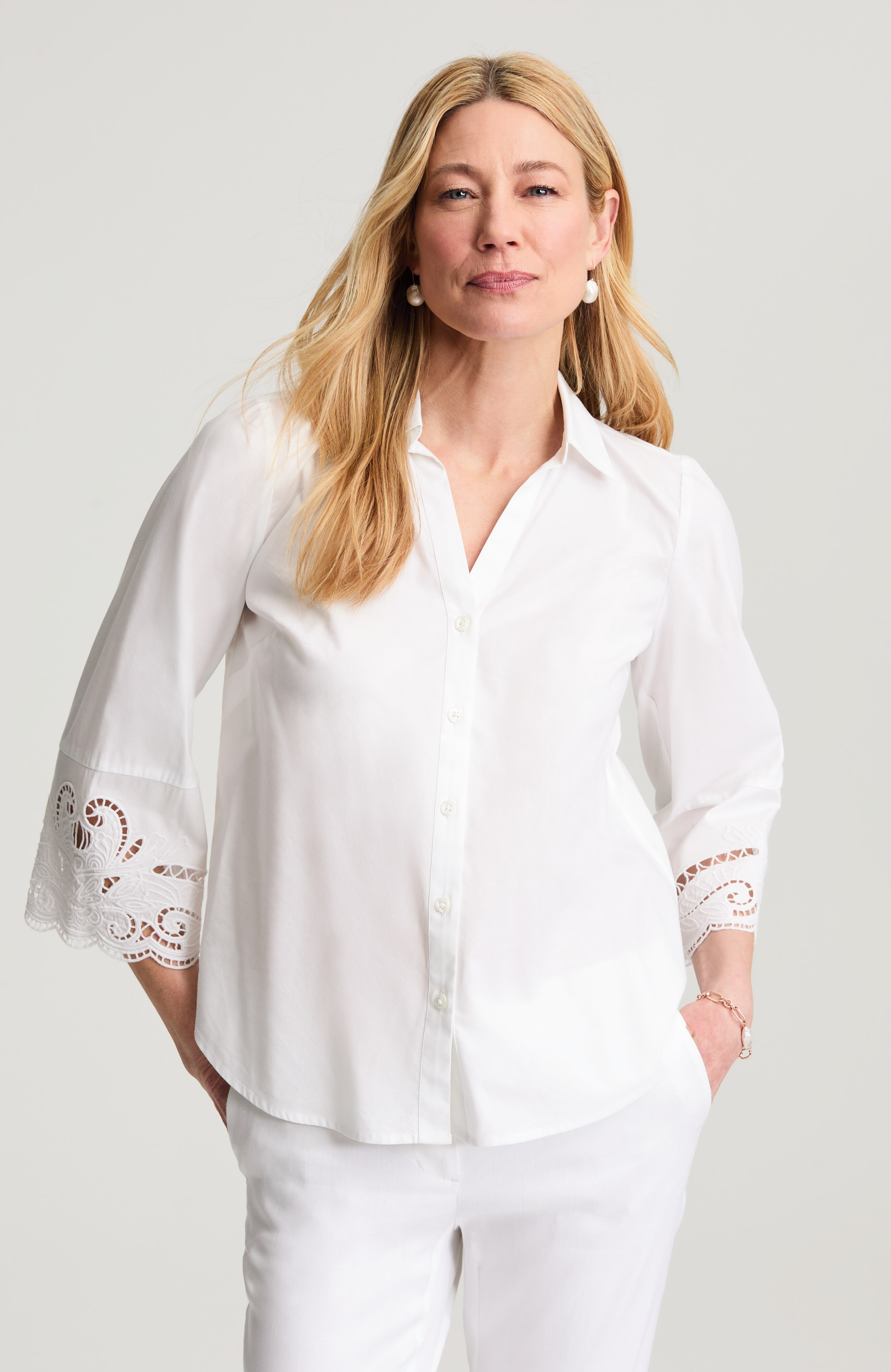 eyelet cuffed button-front shirt
