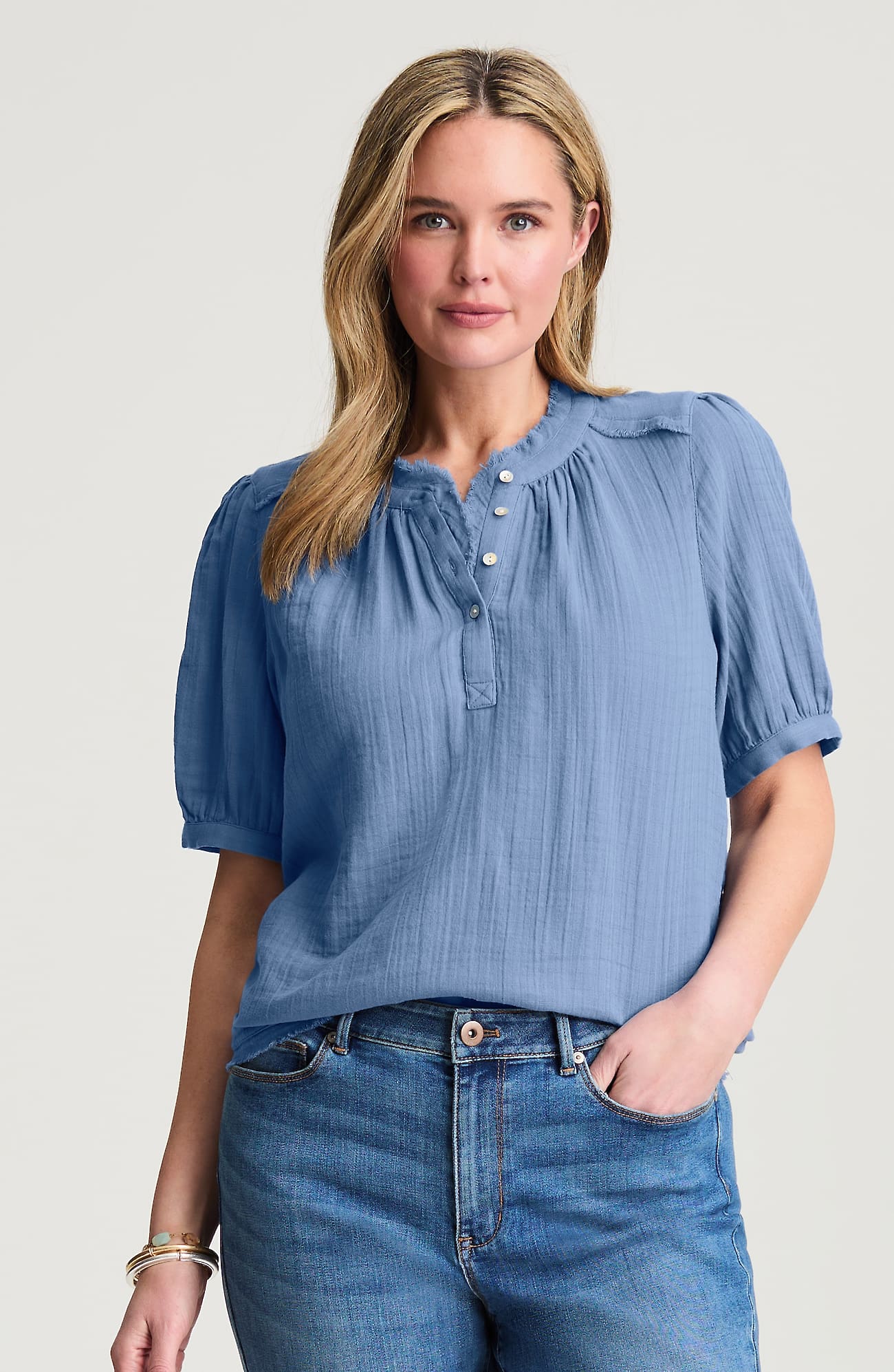 Jjill Petite Cotton-gauze Raw-edge Popover In Azure