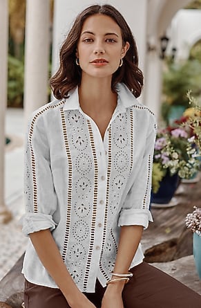 Image for Linen Eyelet Button-Front Shirt