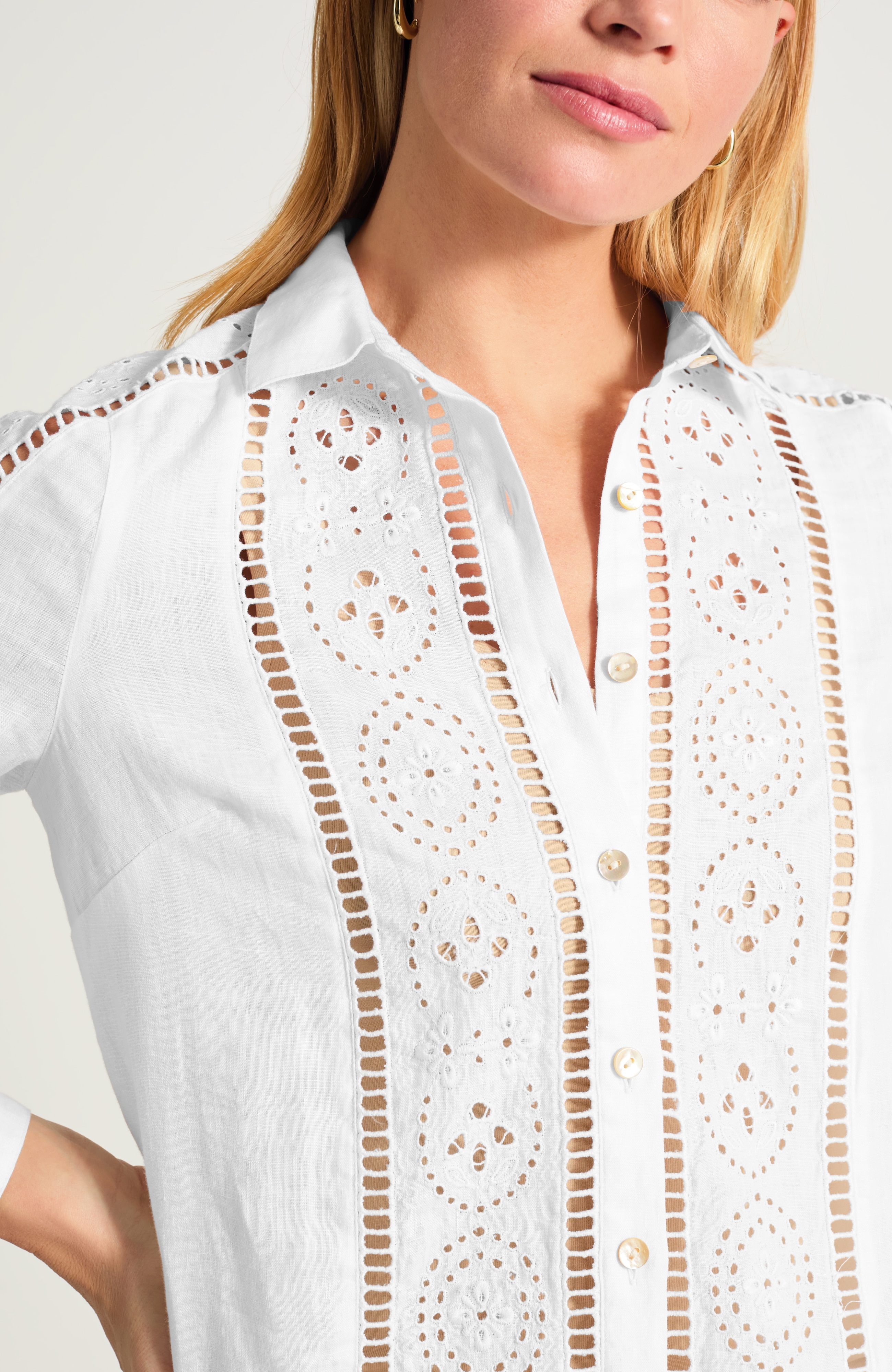 linen eyelet button-front shirt