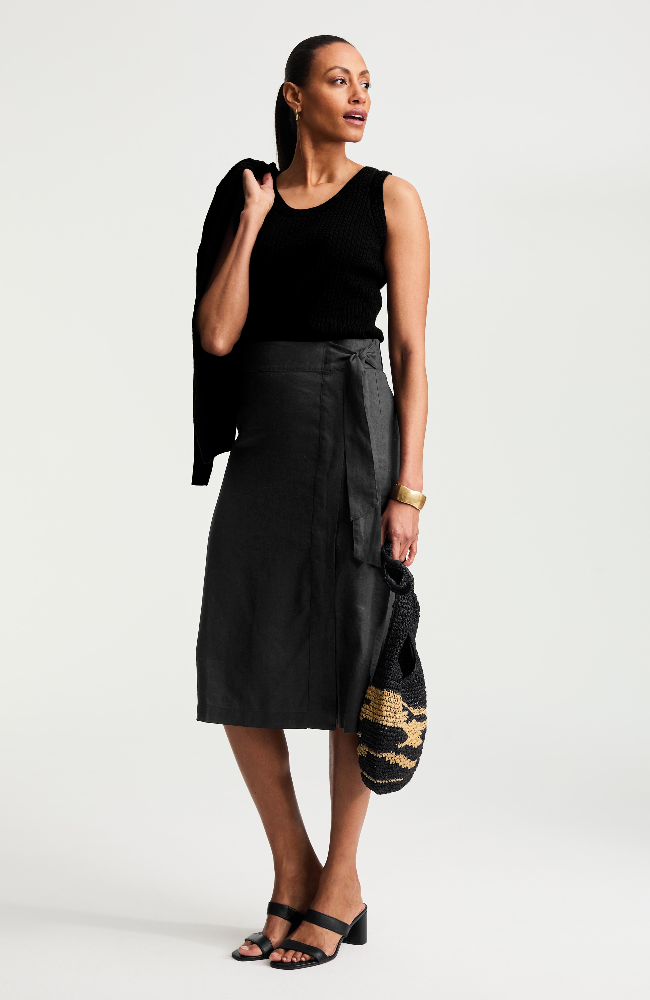 faux-wrap-front midi skirt