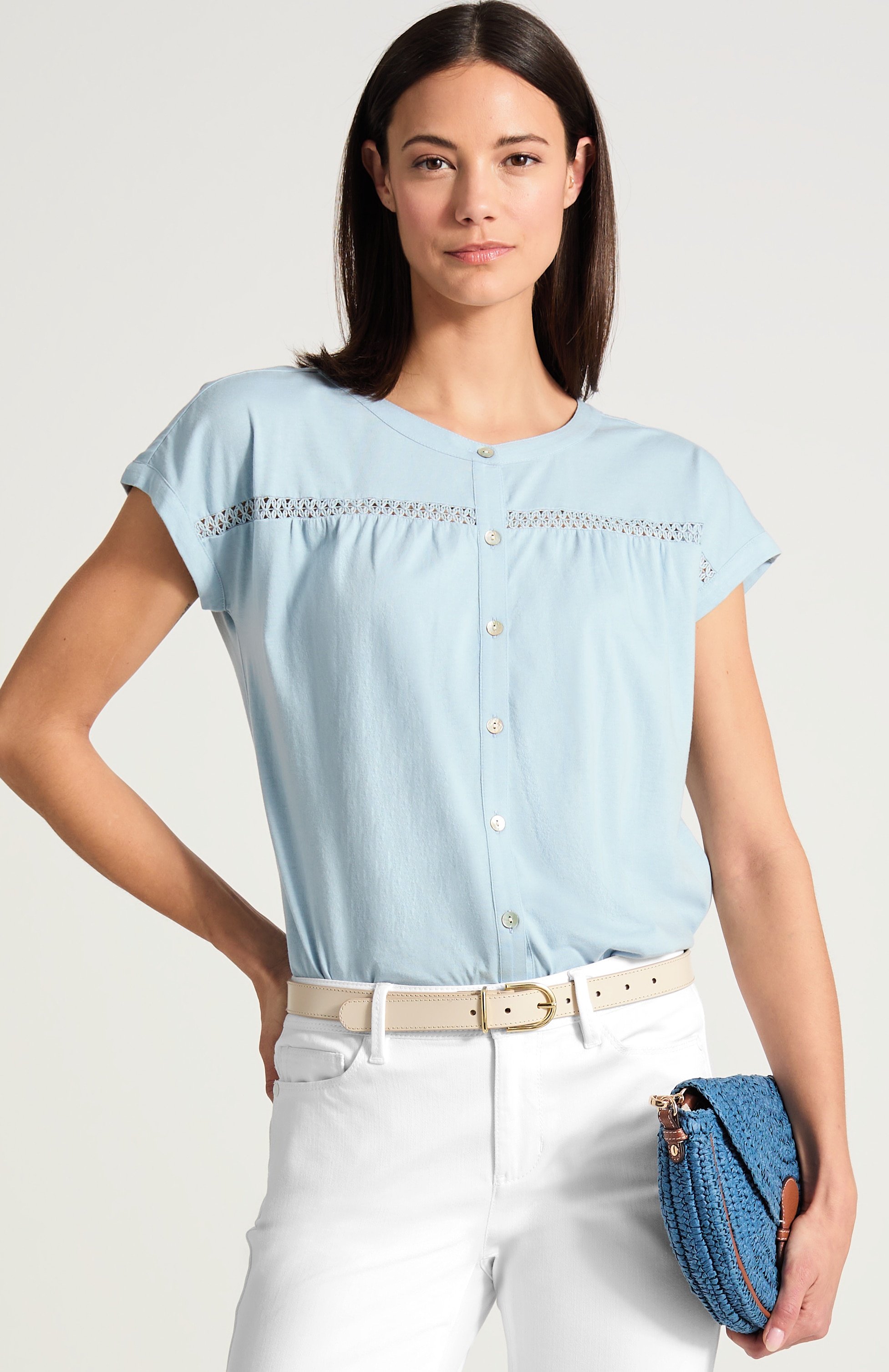 Crochet-Trim Knit Button-Front Shirt | JJill