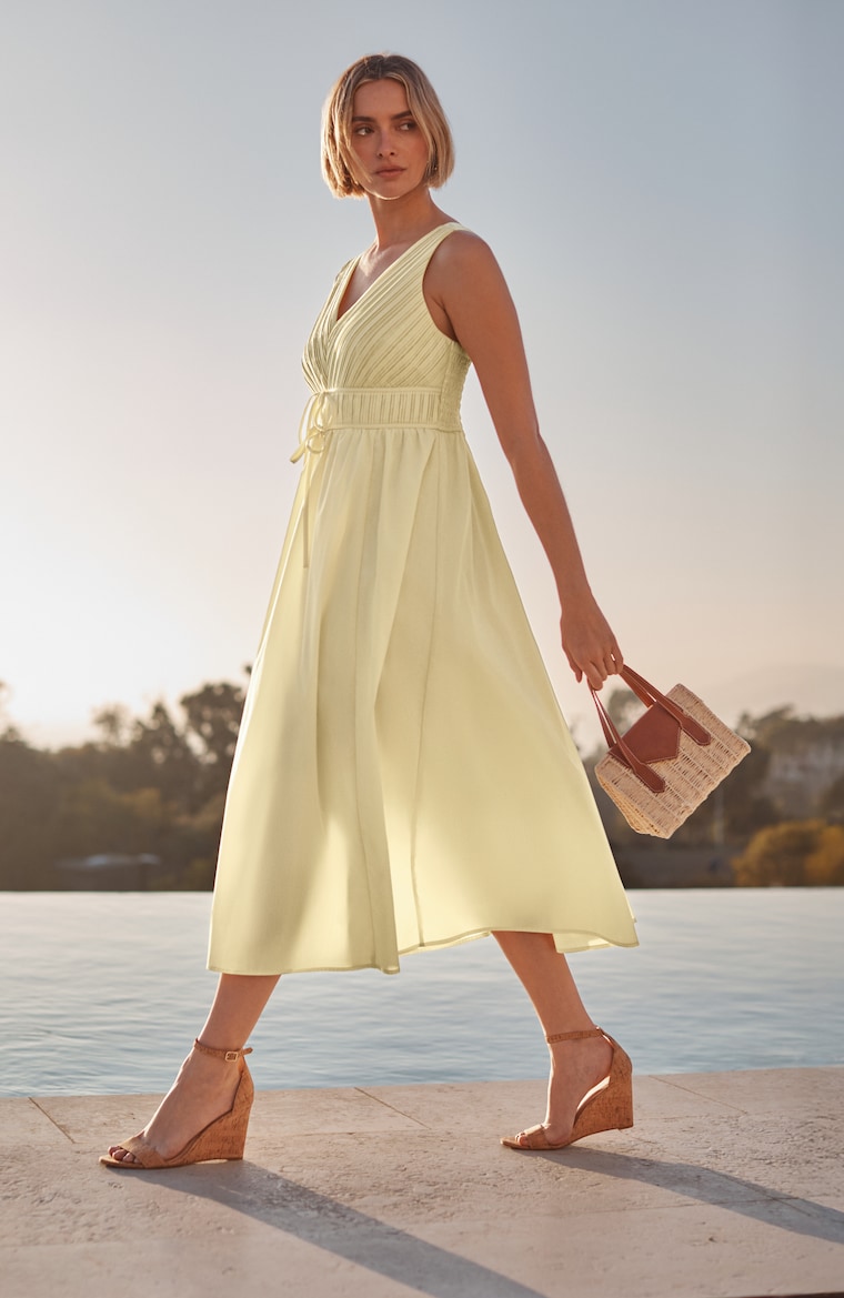 a line dress yellow Buy Solid Cotton Blend A-line and Floral Printed Gilet Online for Woman or prom TIE-FRONT A-LINE DRESS | JJill