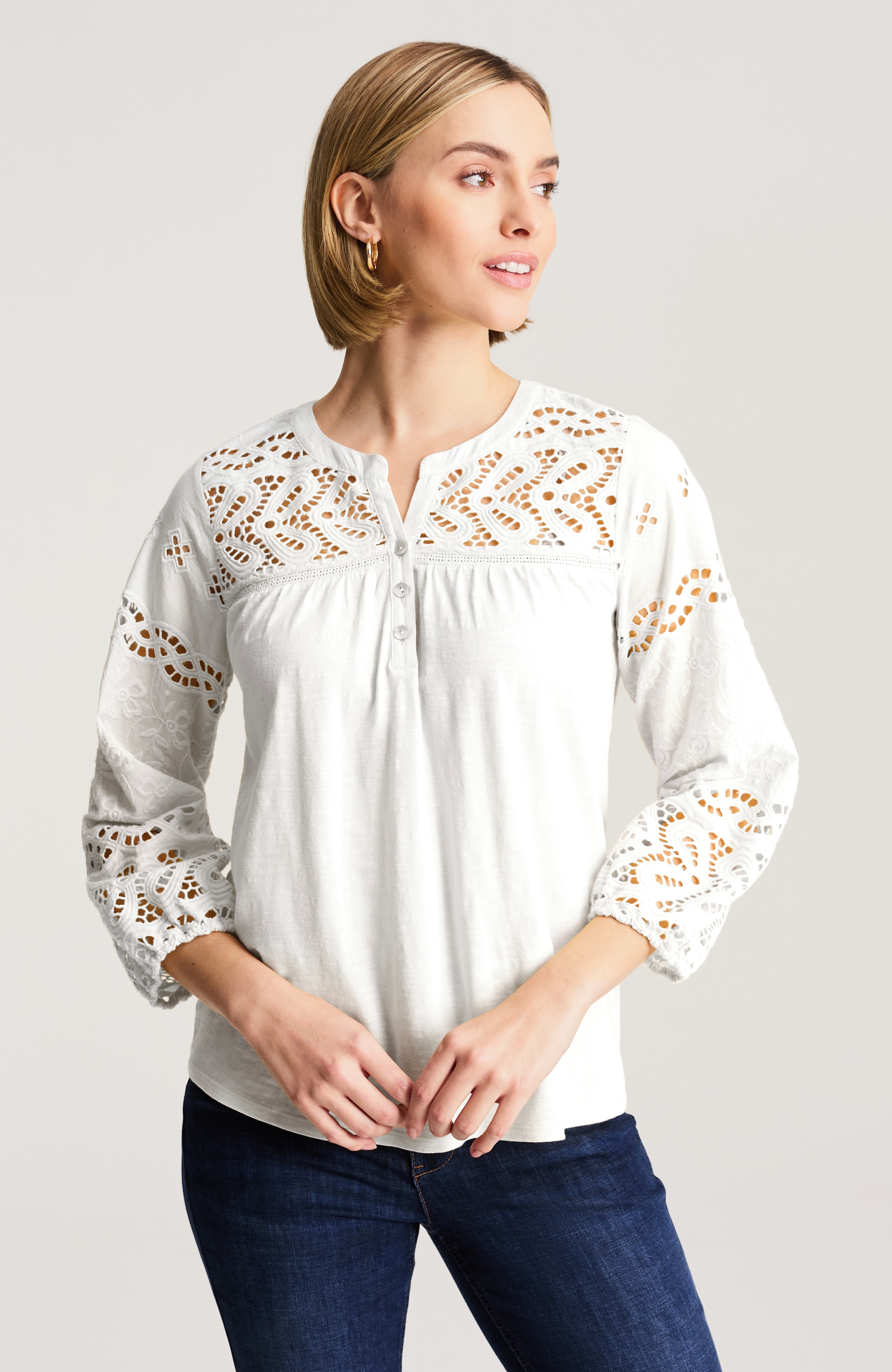 MIXED-MEDIA EYELET HENLEY TOP | JJill