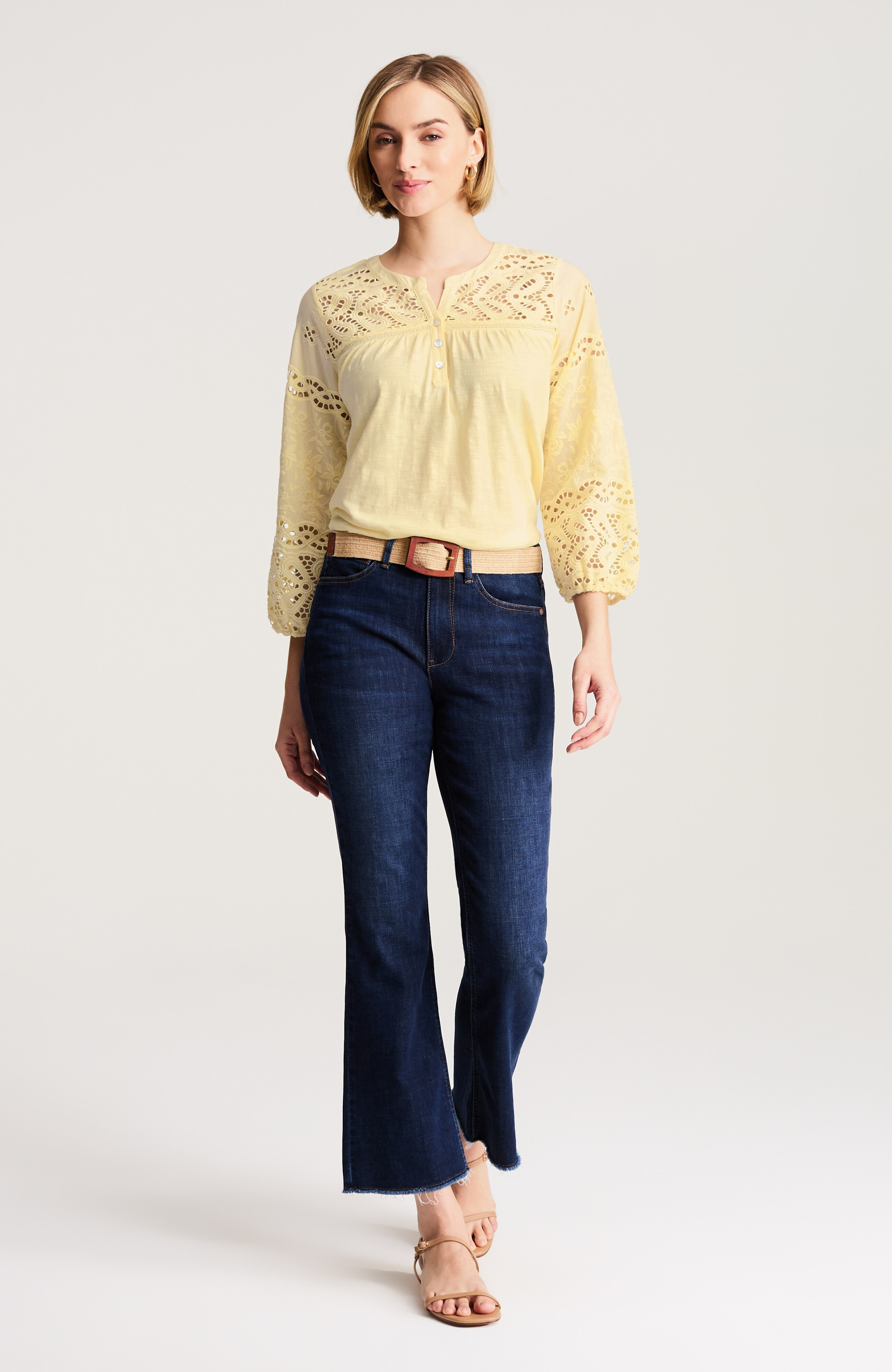 mixed-media eyelet henley top