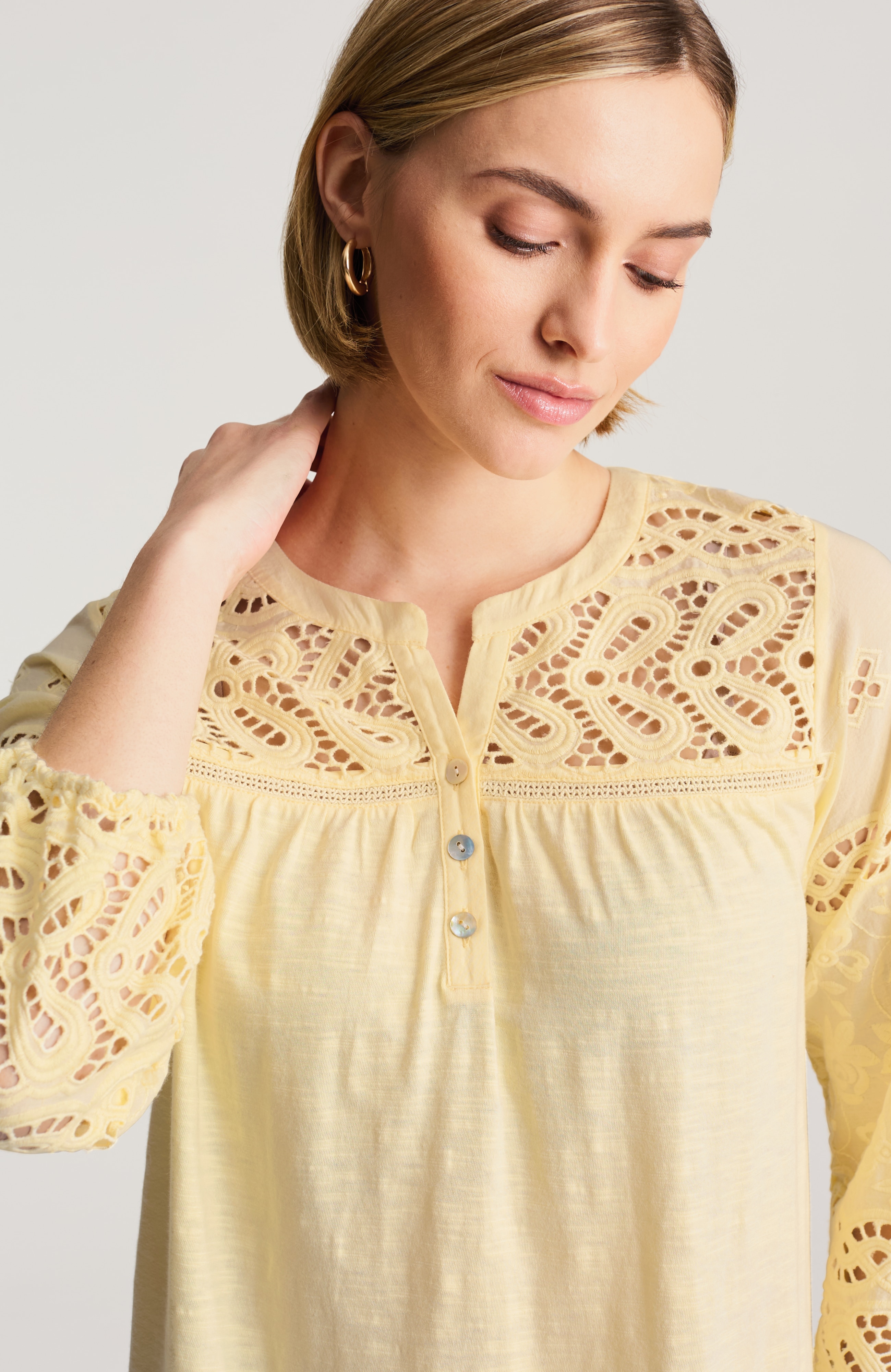 mixed-media eyelet henley top