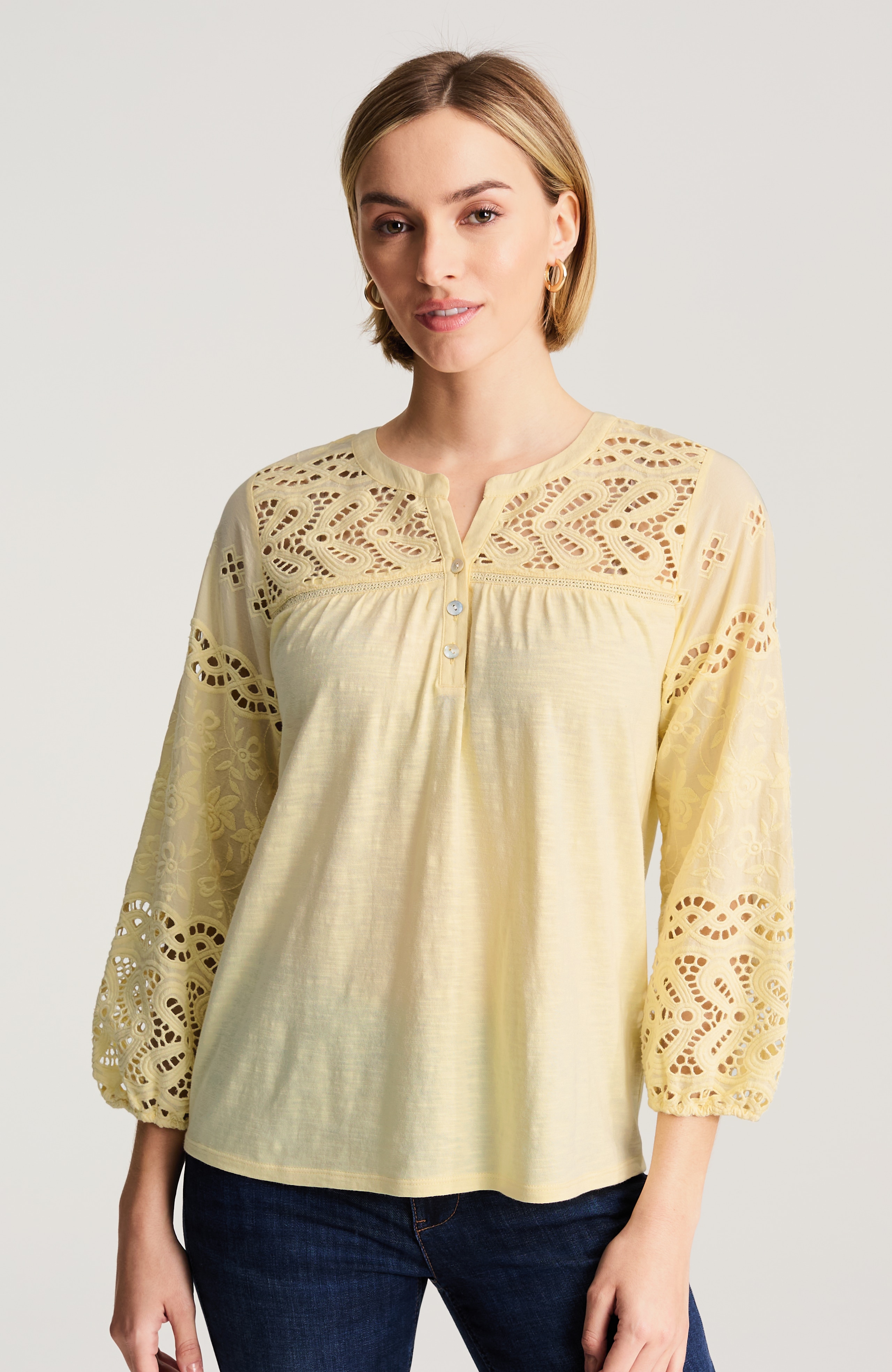 mixed-media eyelet henley top