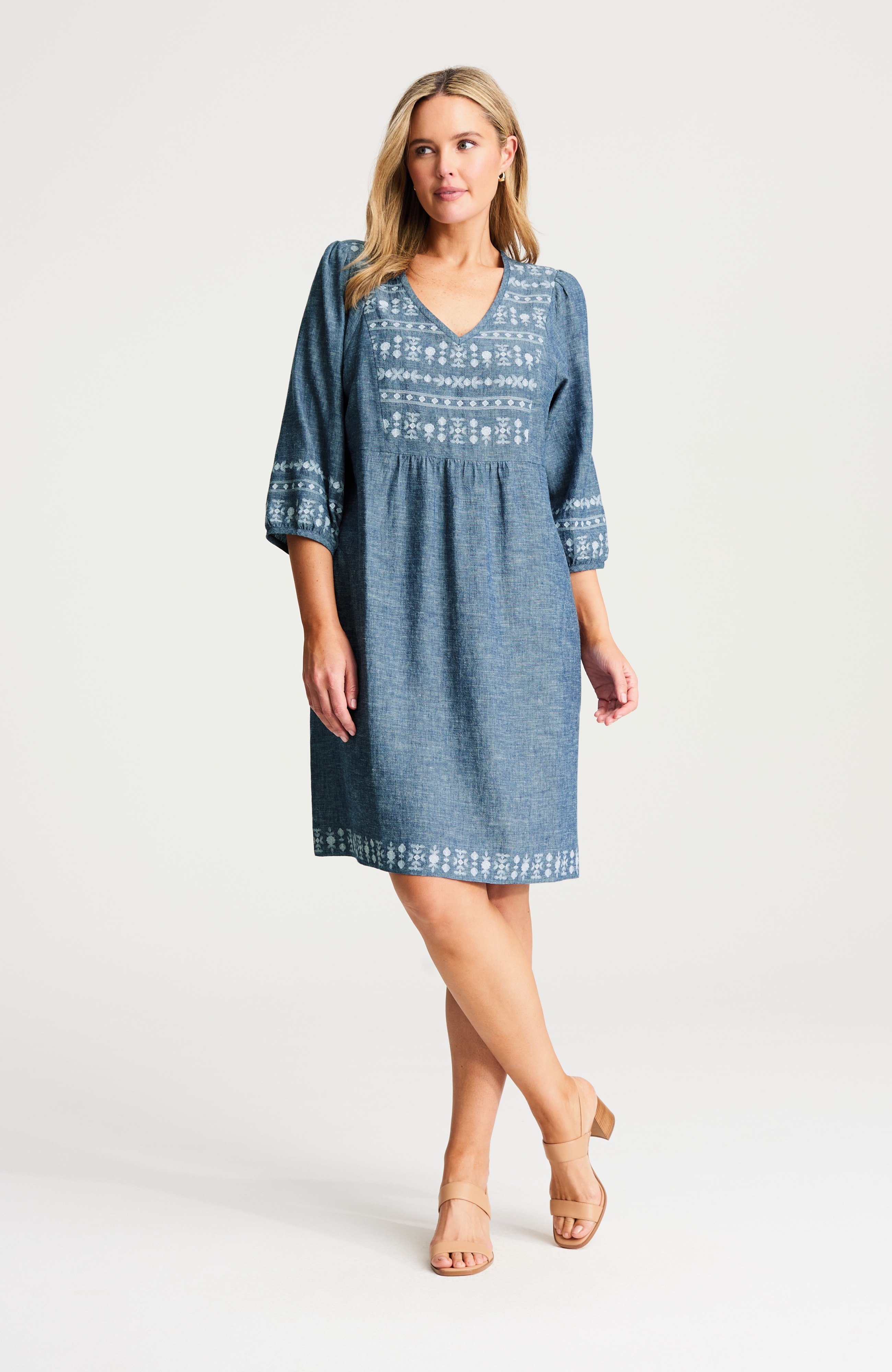 pure jill embroidered linen-blend dress