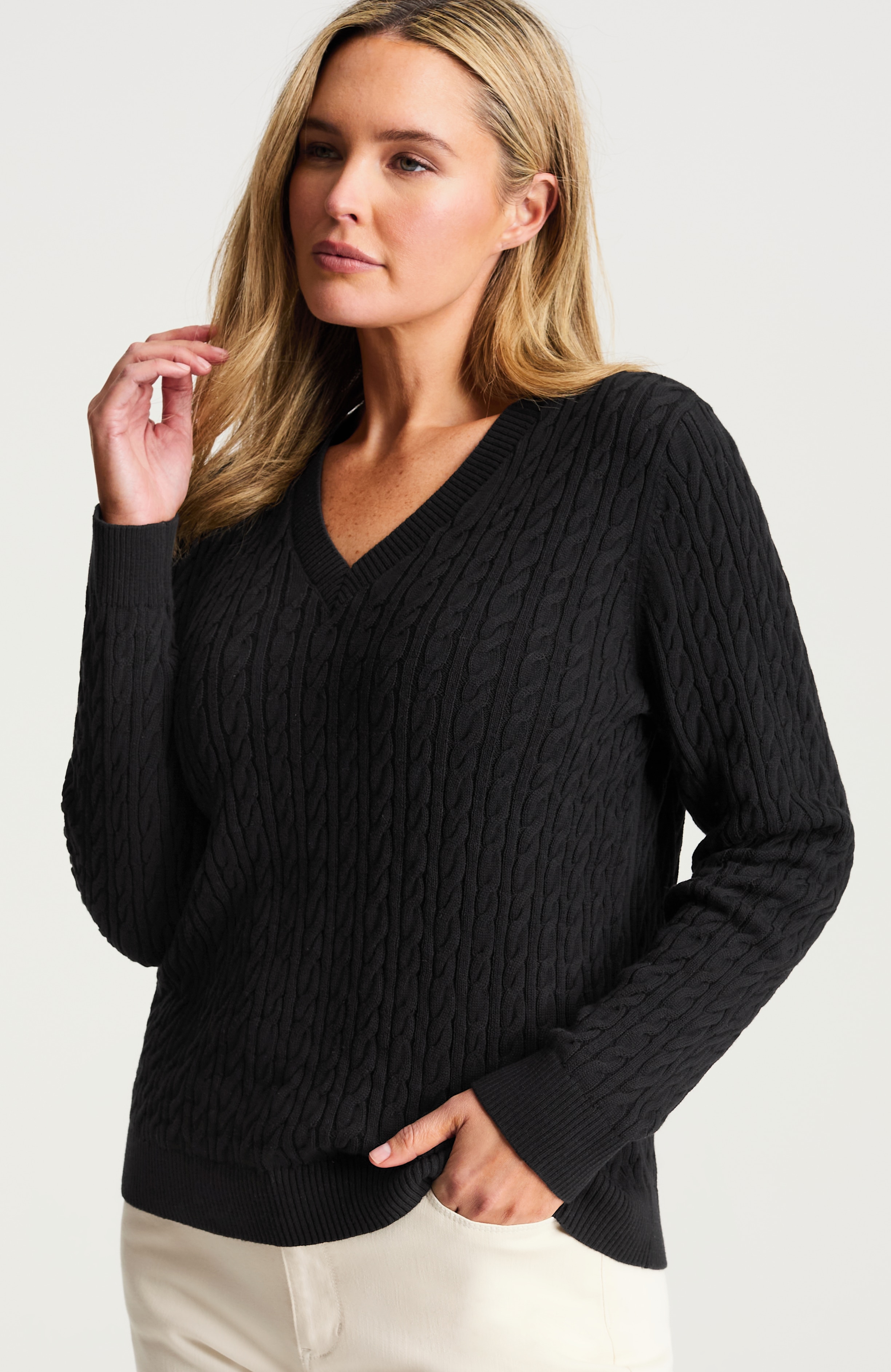 cabled v-neck pullover