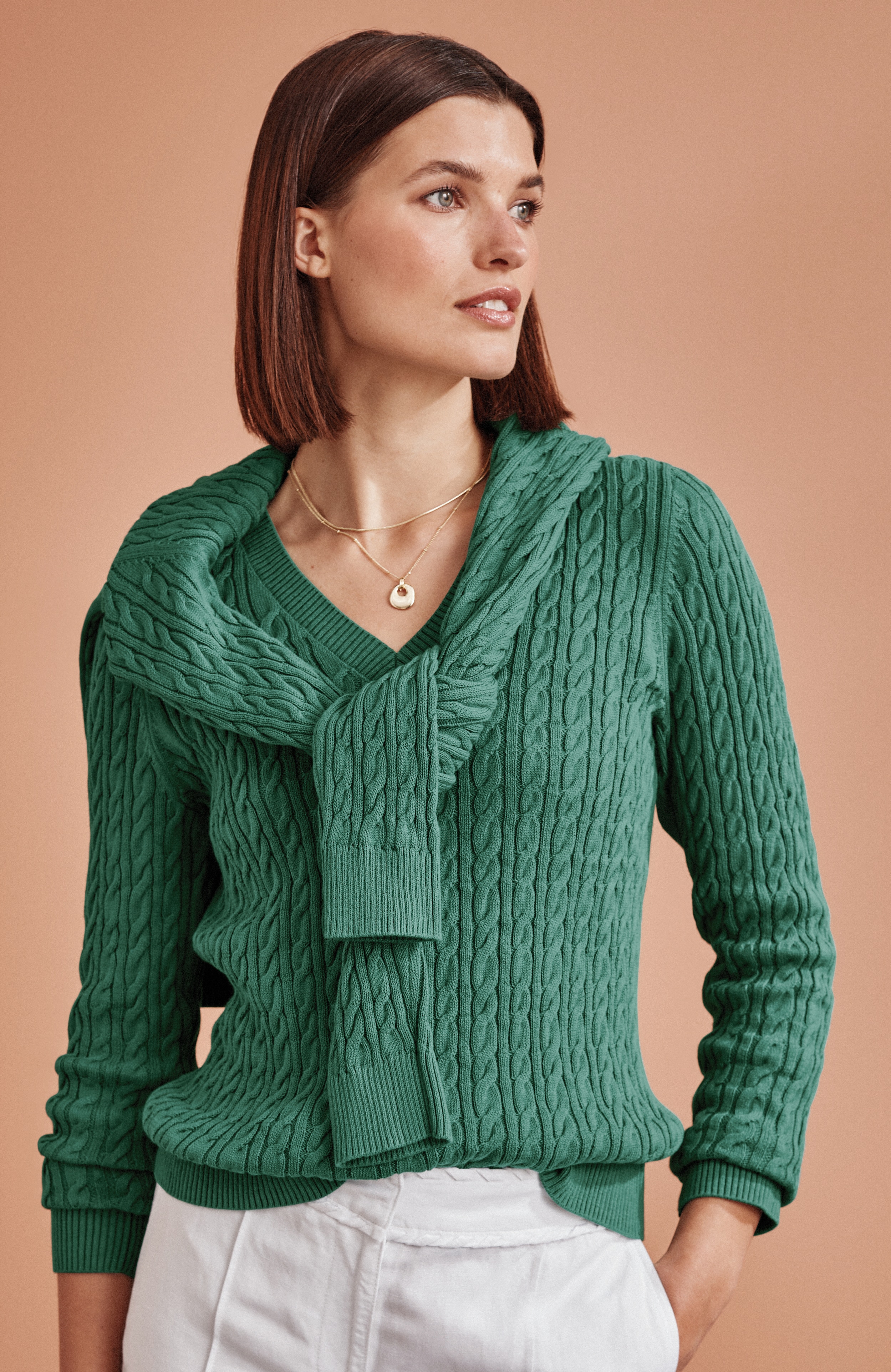 CABLED V-NECK PULLOVER | JJill