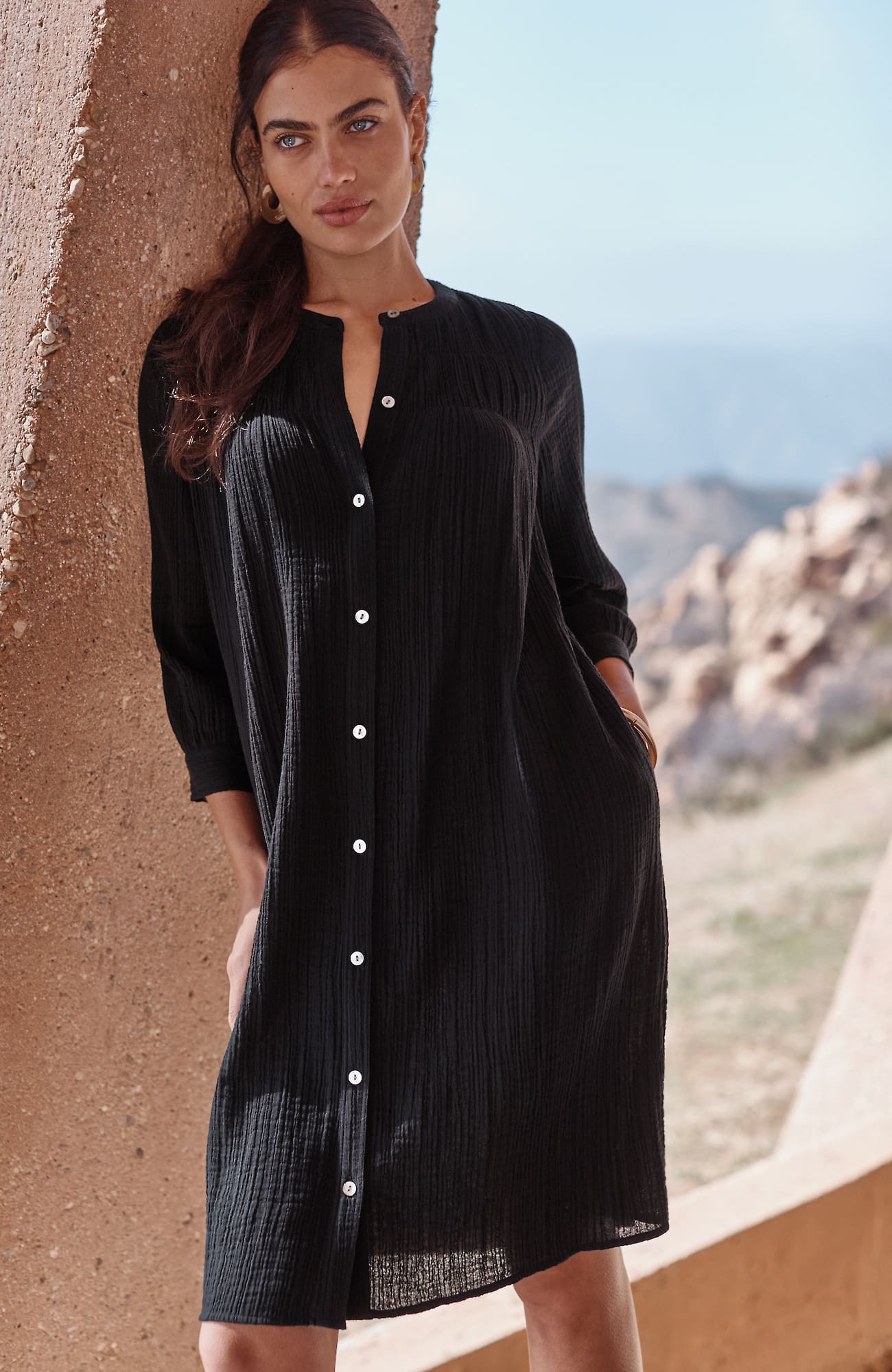 Jjill Tall Pure Jill Smocked Cotton-gauze Dress In Black