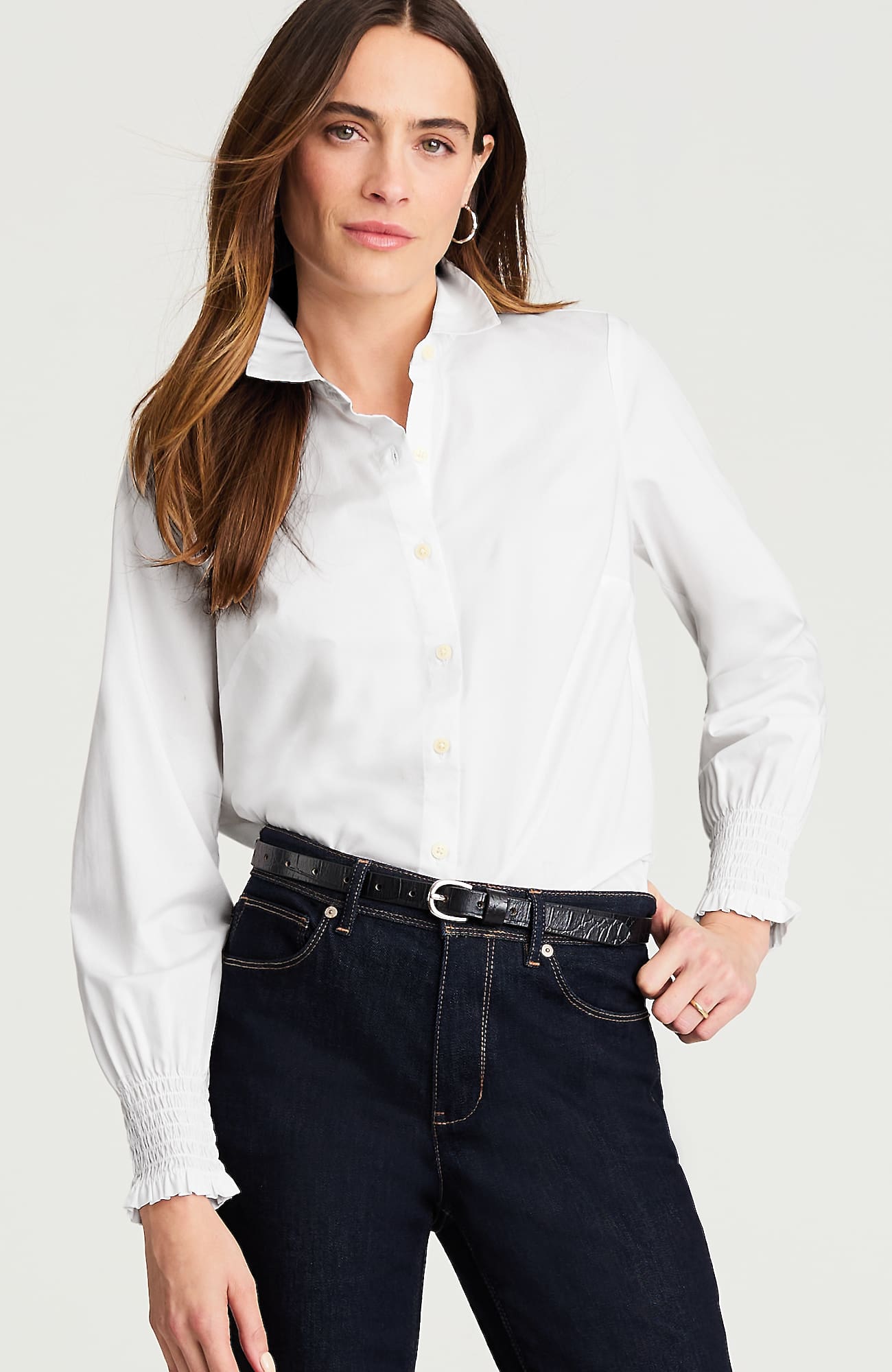 Jjill J.jill Smocked-sleeve Poplin Shirt In White