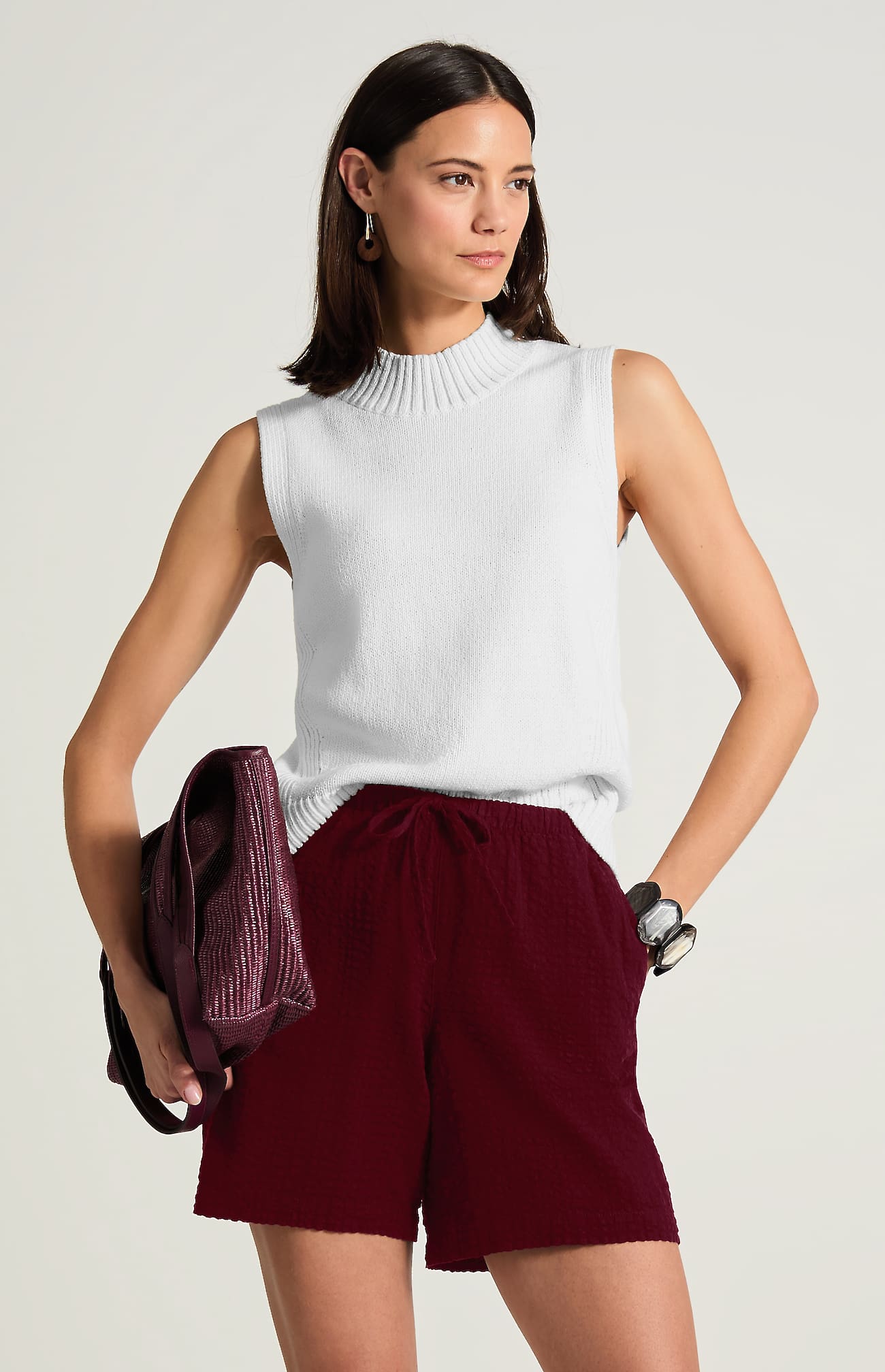 Jjill Seersucker Drawstring Shorts In Burgundy