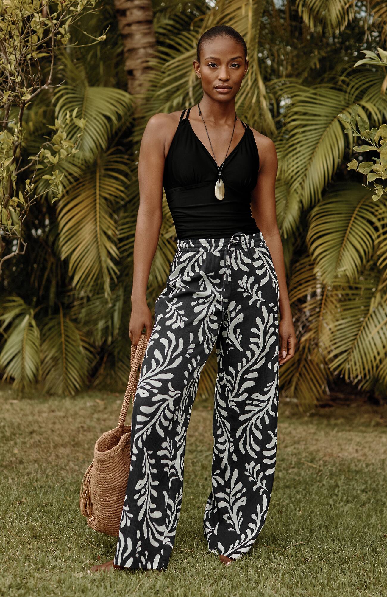 Women's Plus Size Cotton Voile Wide-Leg Pants (Black Abstract Outline) (Size: 3X) J. Jill