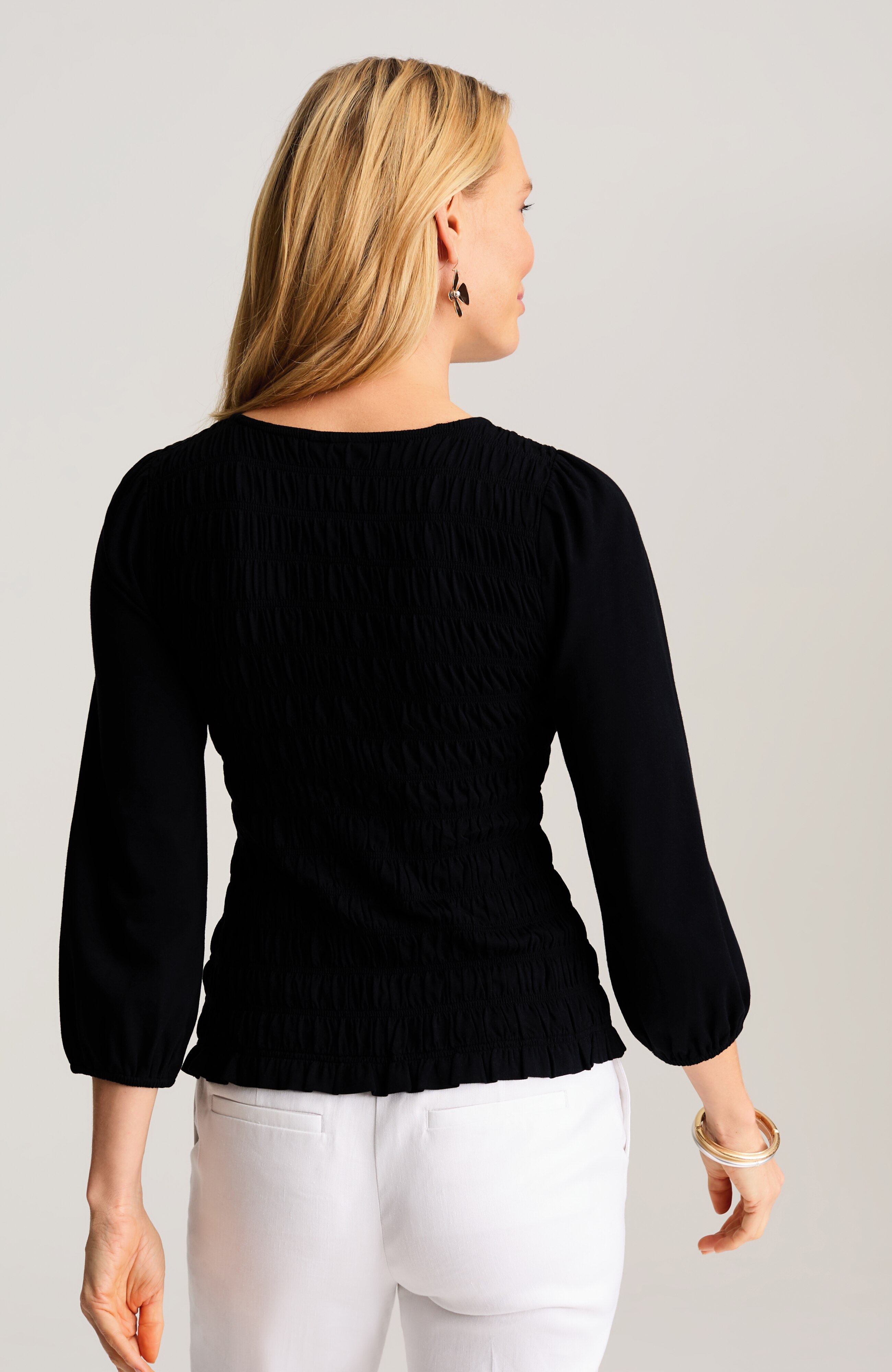 smocked 3/4-sleeve top