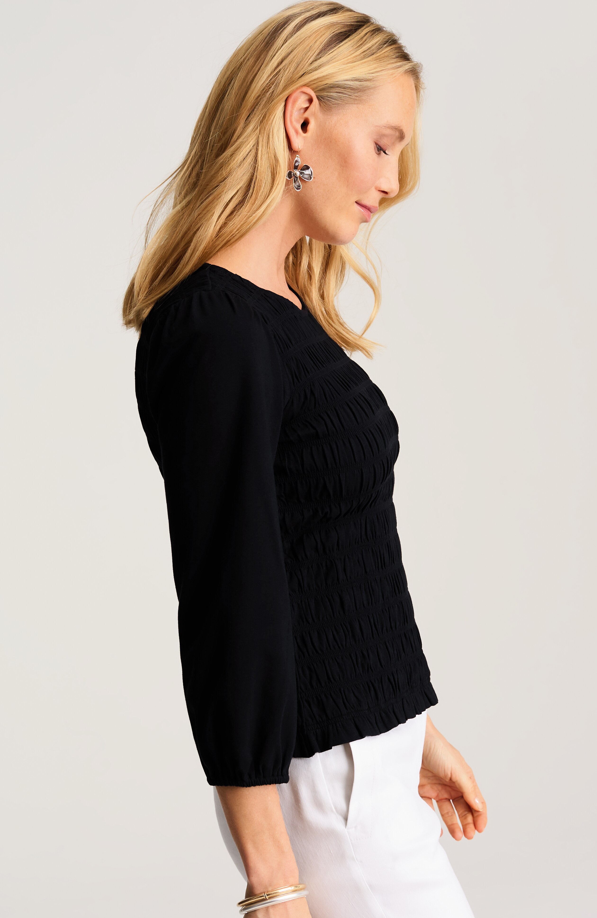 smocked 3/4-sleeve top