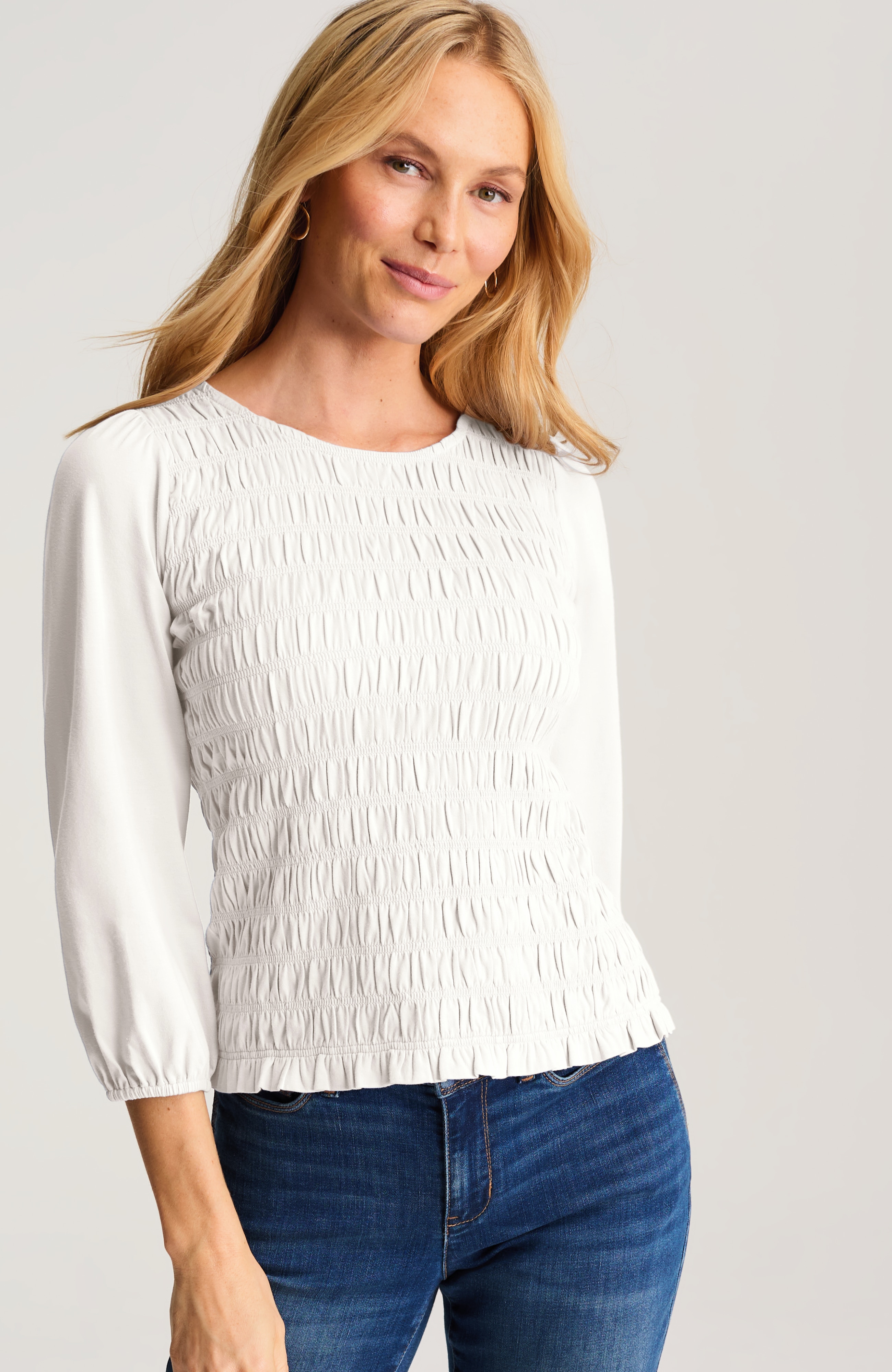 SMOCKED 3/4-SLEEVE TOP | JJill