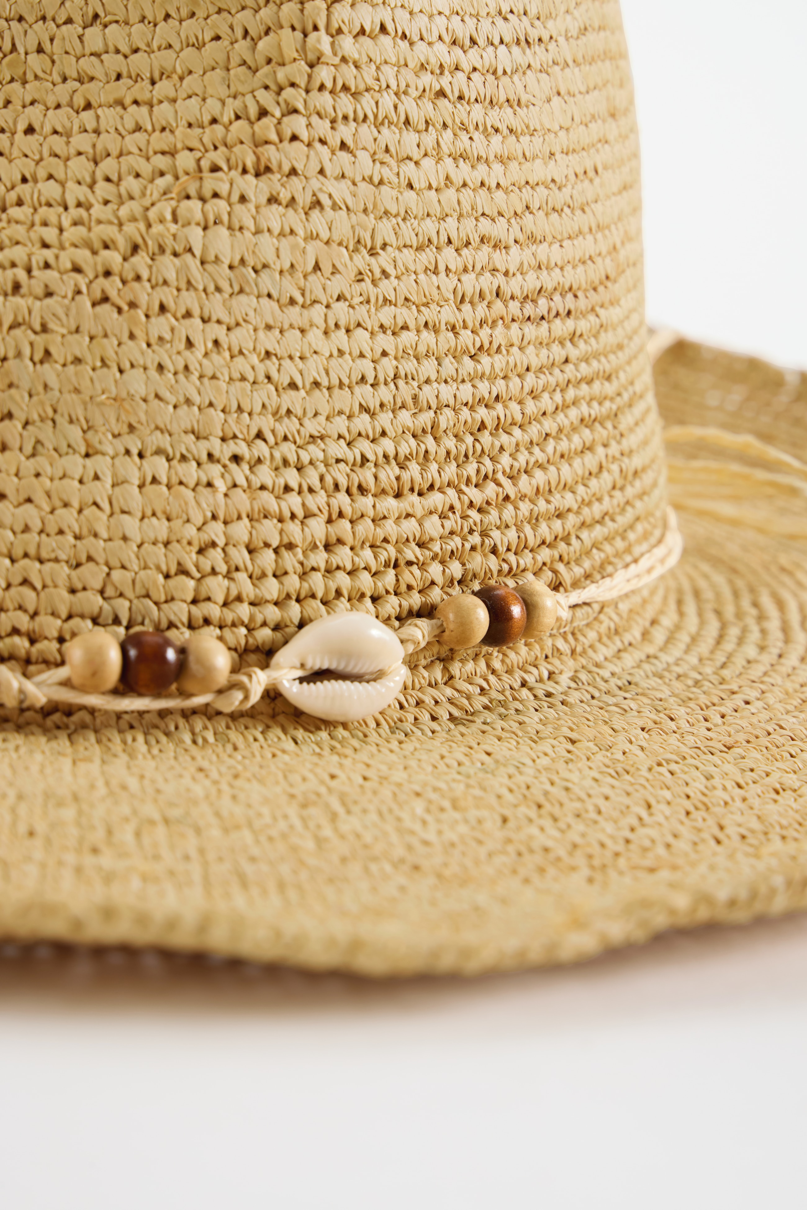 shell-trimmed raffia fedora