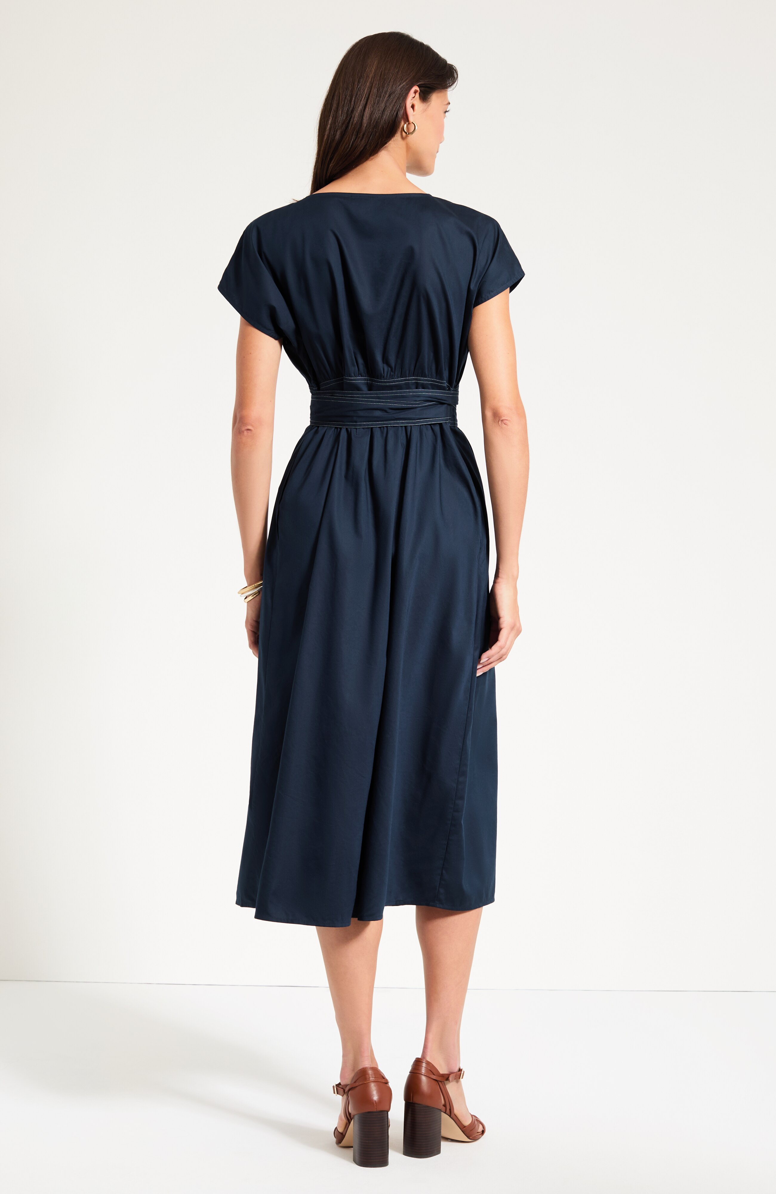Topstitched Tie-Waist Midi Dress