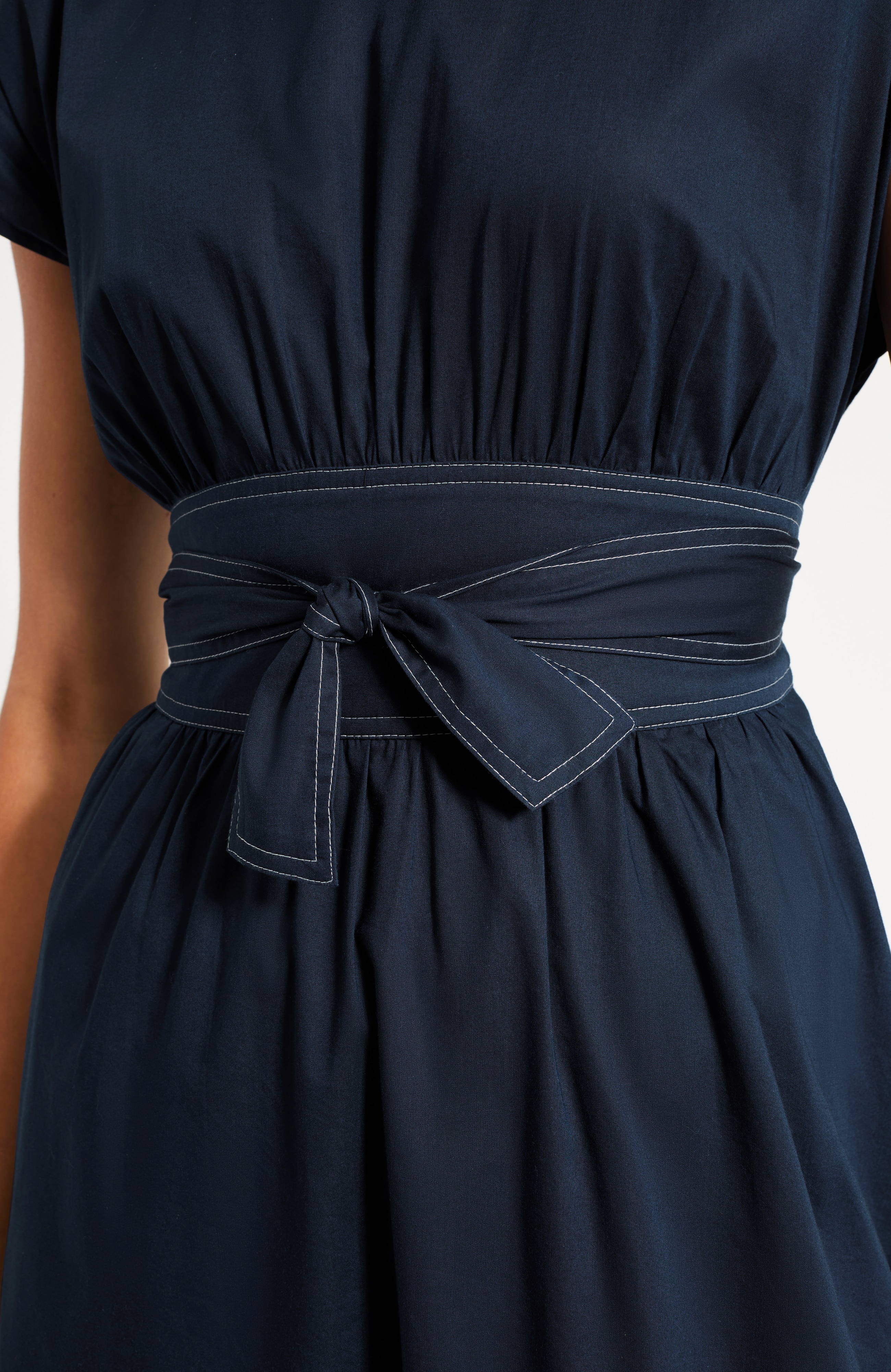 Topstitched Tie-Waist Midi Dress