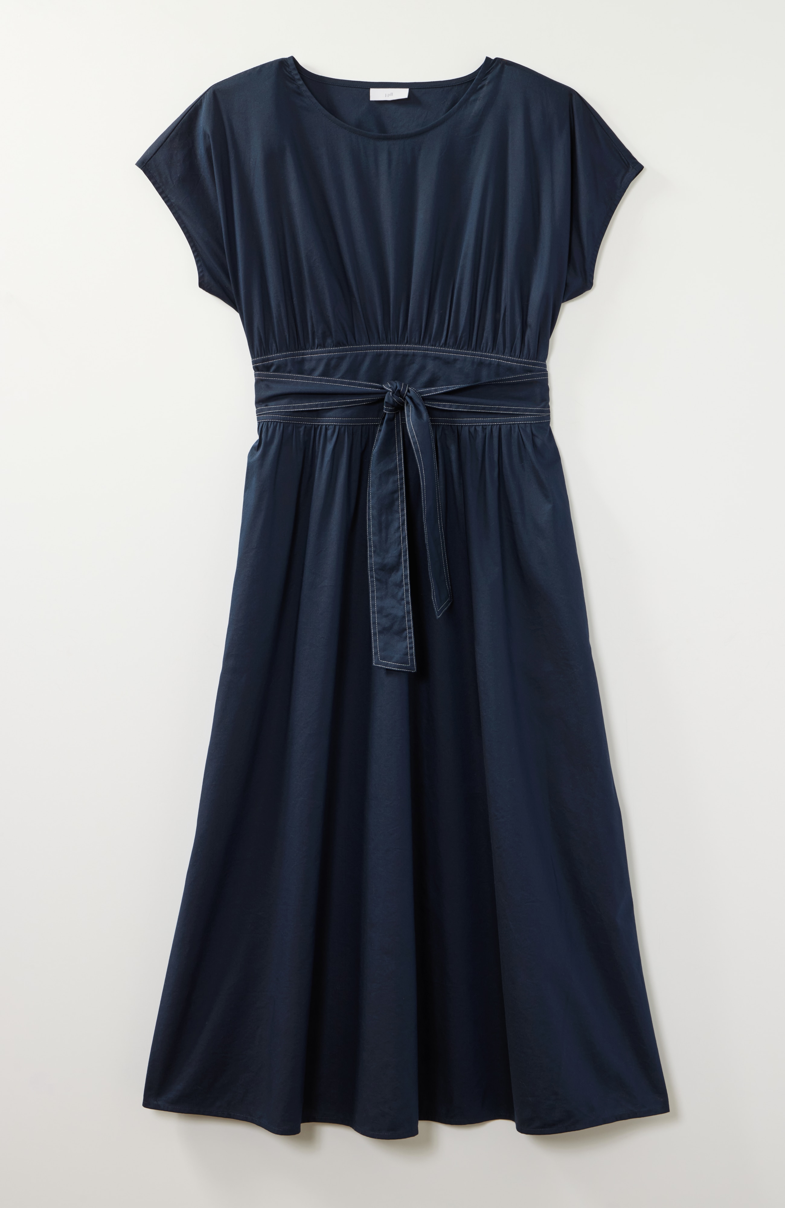 Topstitched Tie-Waist Midi Dress