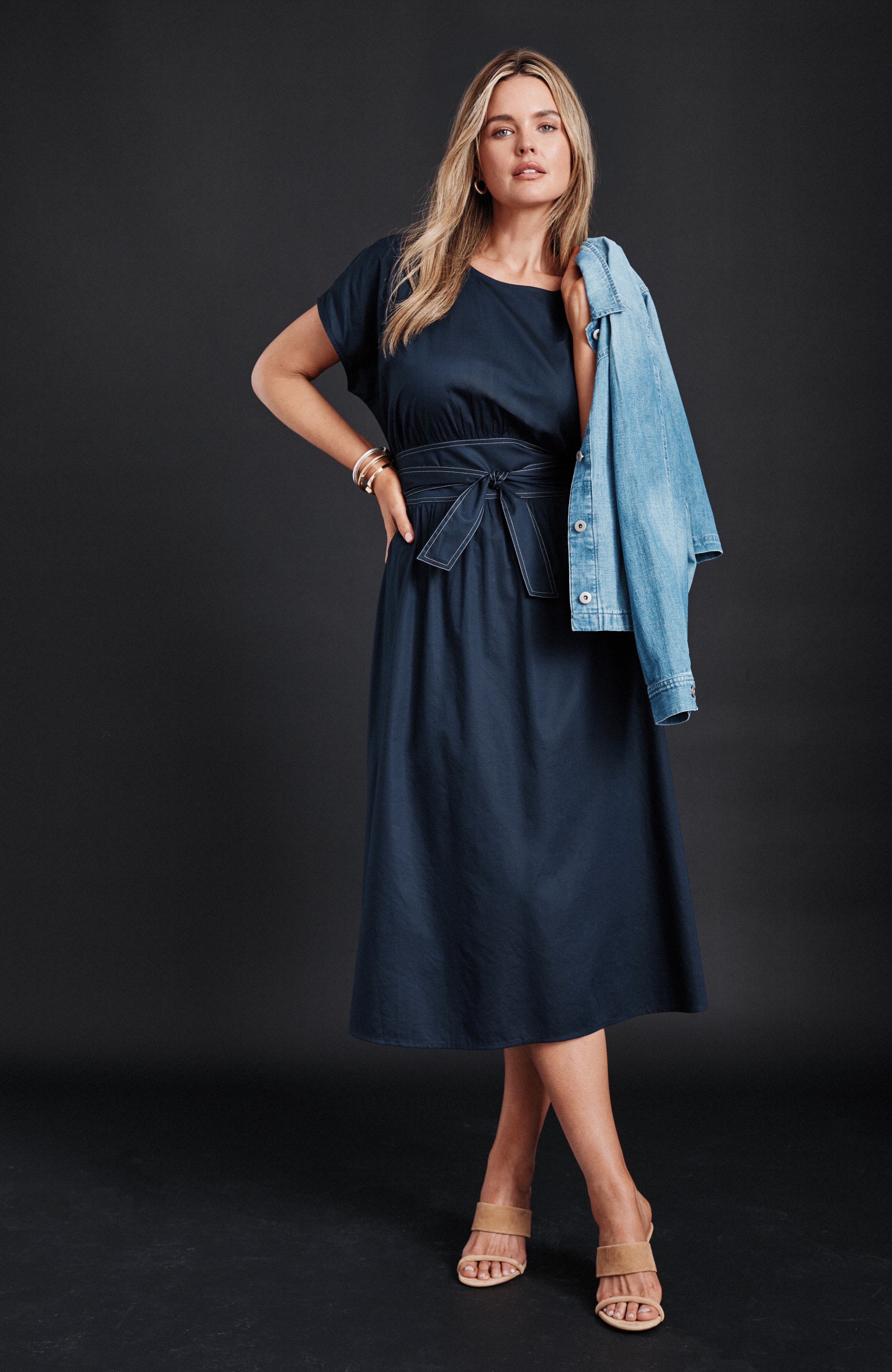 Topstitched Tie-Waist Midi Dress