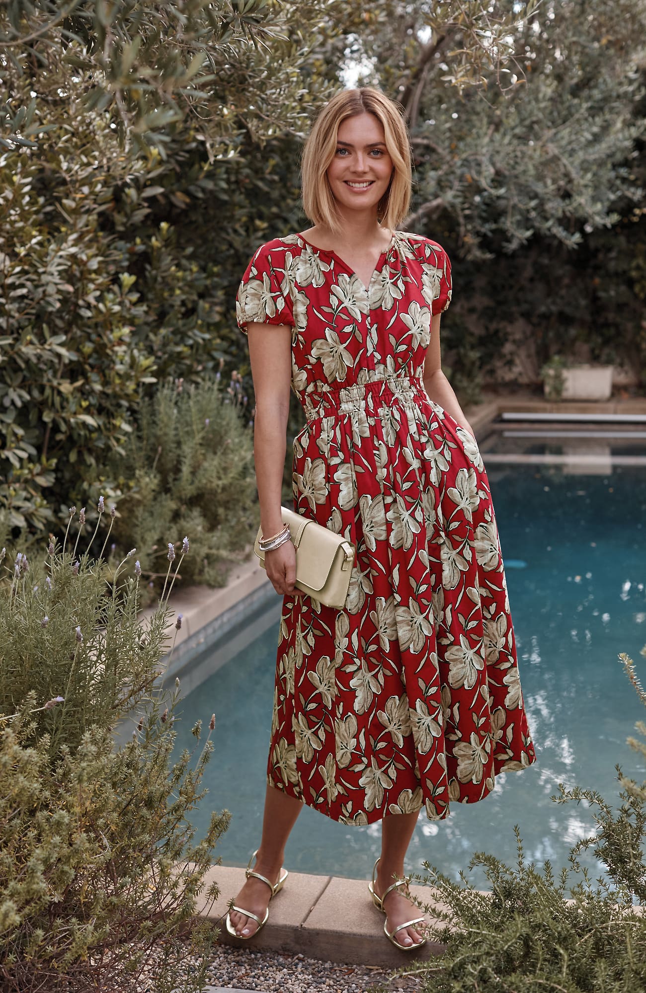 Jjill Petite Cotton-blend Midi Dress In Crimson Layered Floral