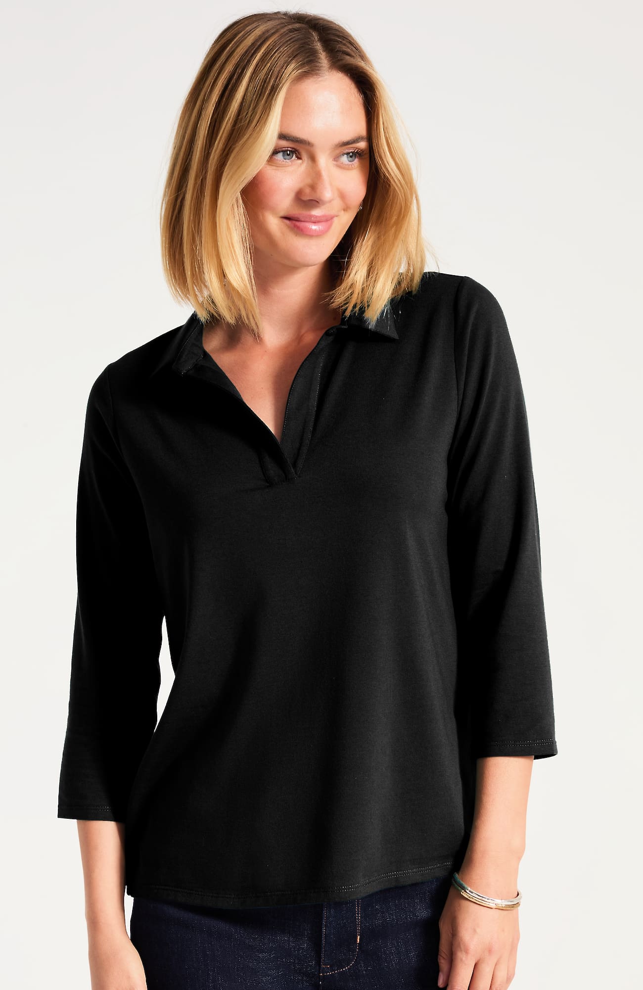 Women's Petite Luxe Supima Polo Shirt (Black) (Size: SP) J. Jill