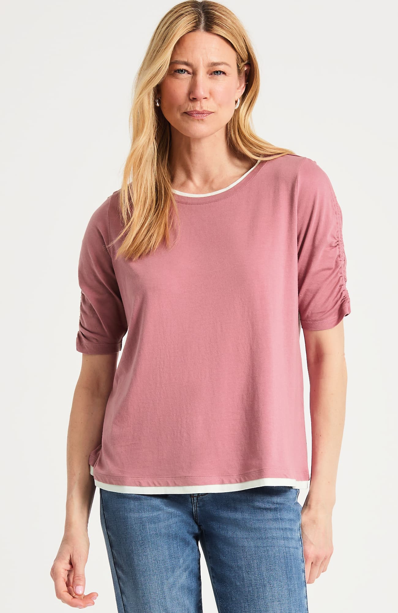 Women's Plus Size Ruched-Sleeve Layered-Look Top (Desert Rose/White) (Size: 2X) J. Jill