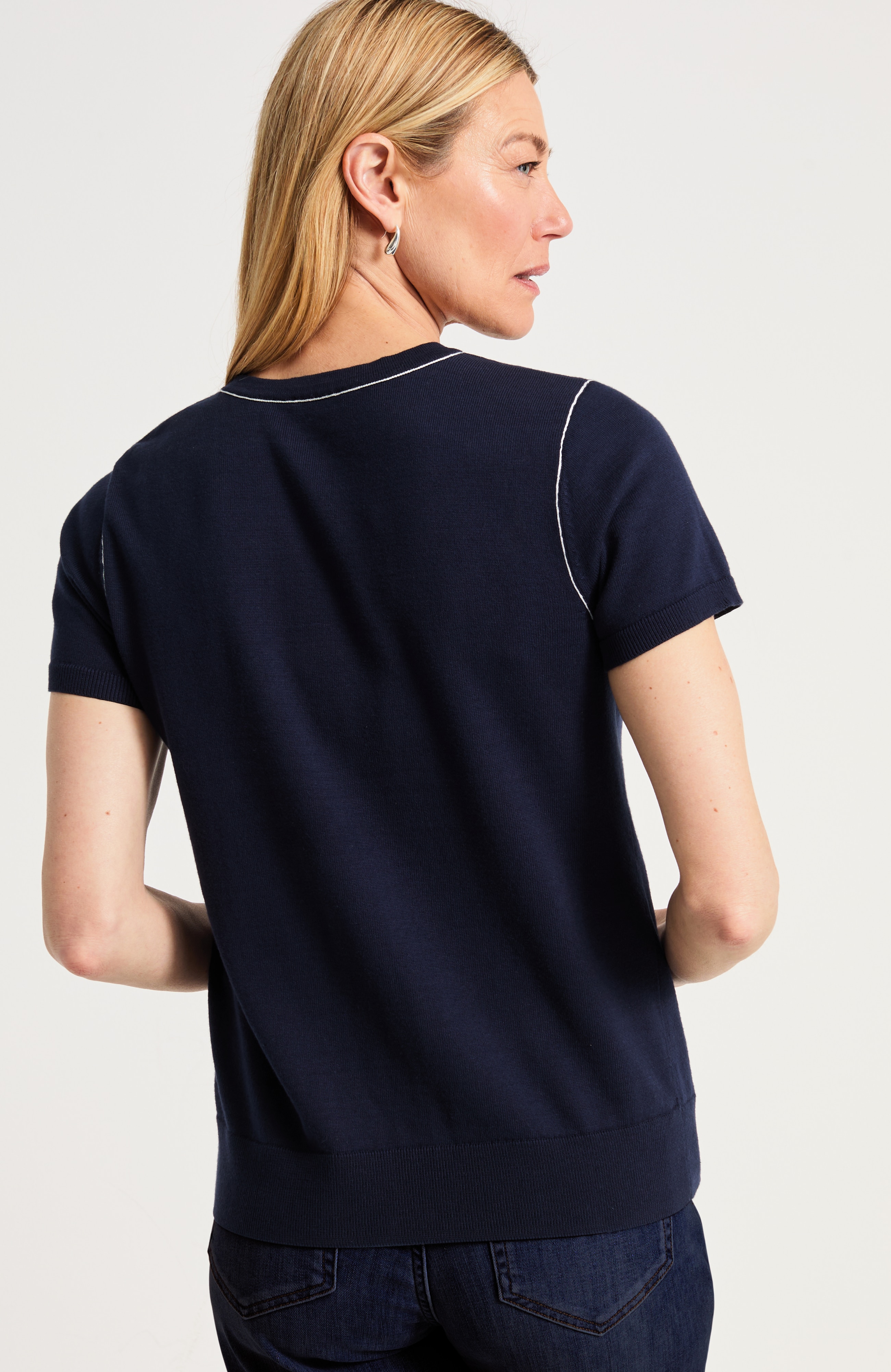 Contrast-Tipped Short-Sleeve Sweater