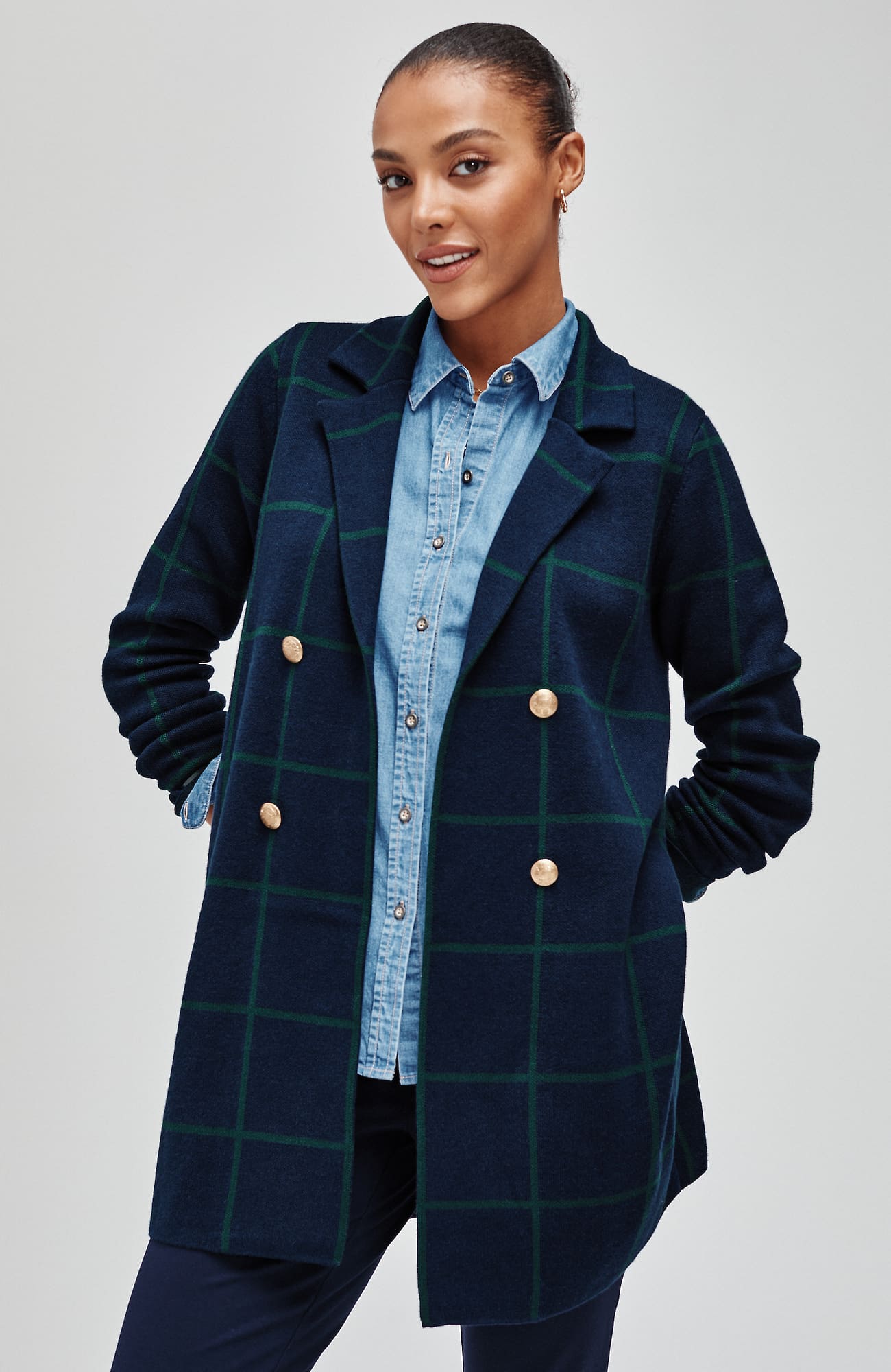 Women's Windowpane Plaid Sweater-Jacket (Classic Navy/Balsam) (Size: XS) J. Jill