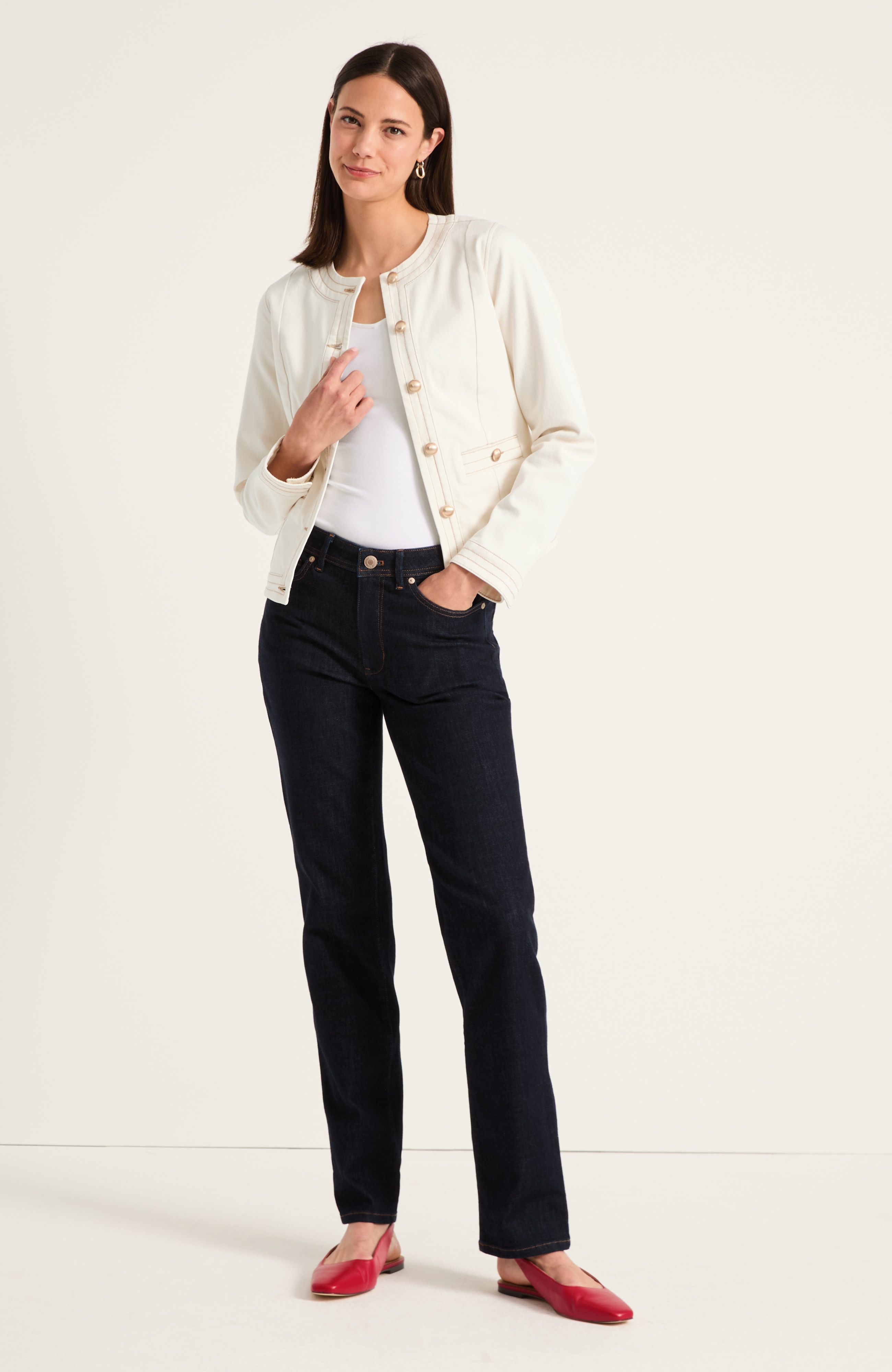 Trapunto-Stitched Collarless Denim Jacket