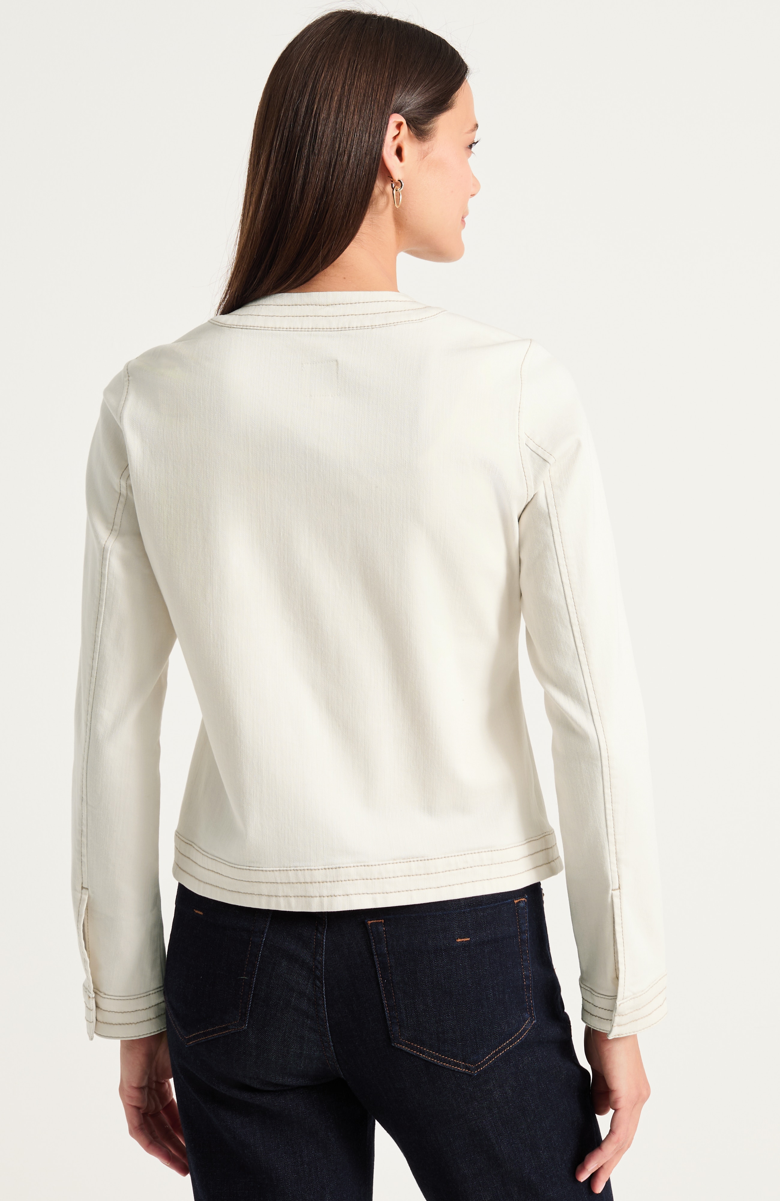 Trapunto-Stitched Collarless Denim Jacket