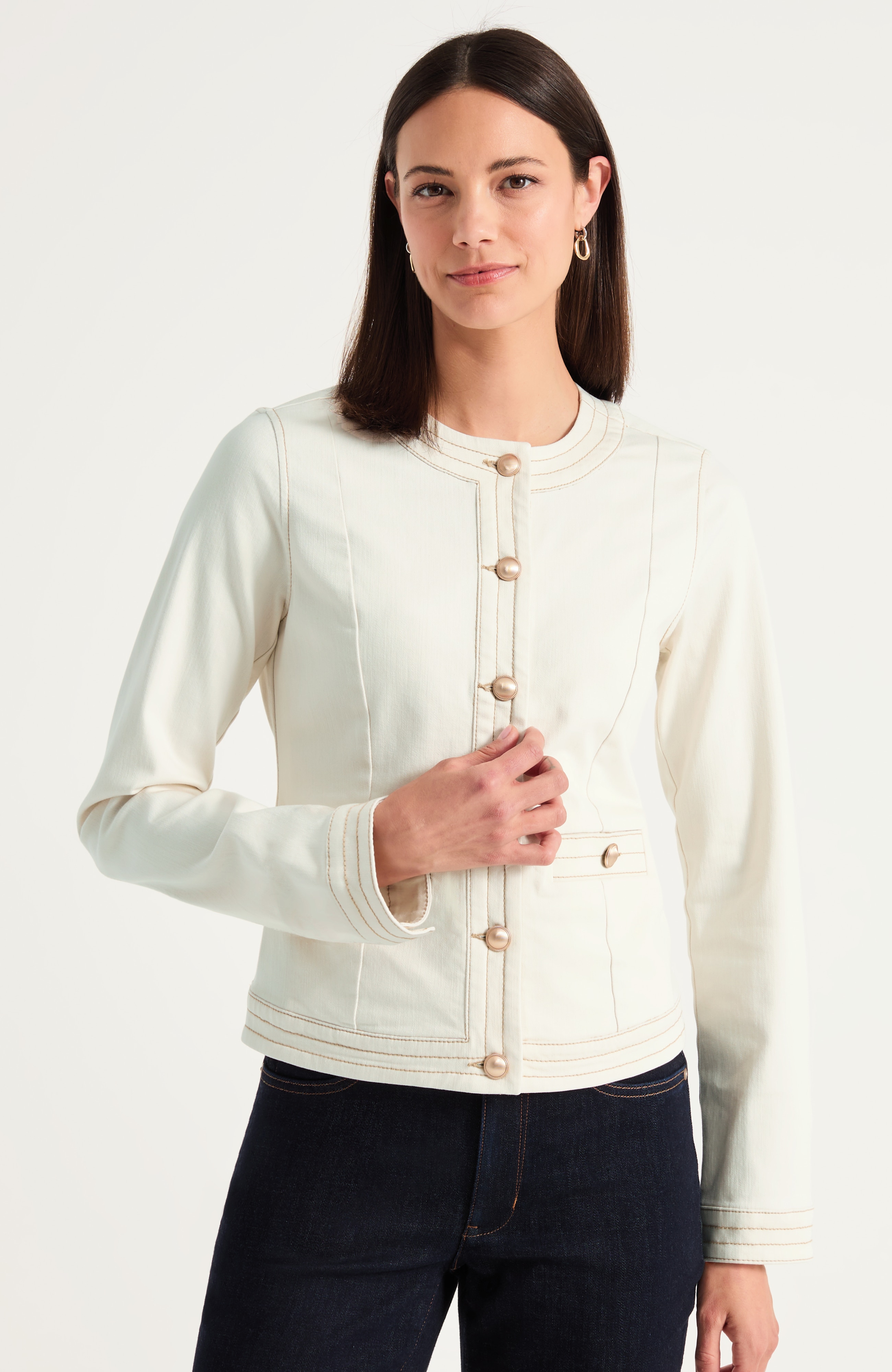 Trapunto-Stitched Collarless Denim Jacket