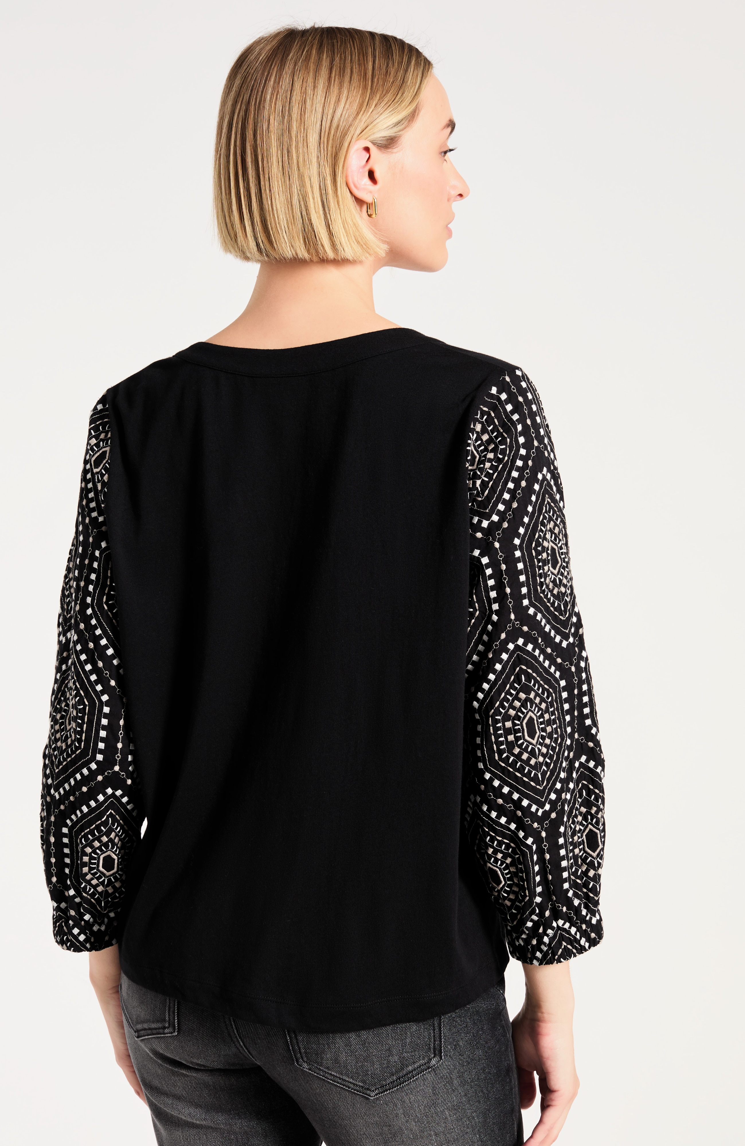 Pure Jill Knit Embroidered-Sleeve Top