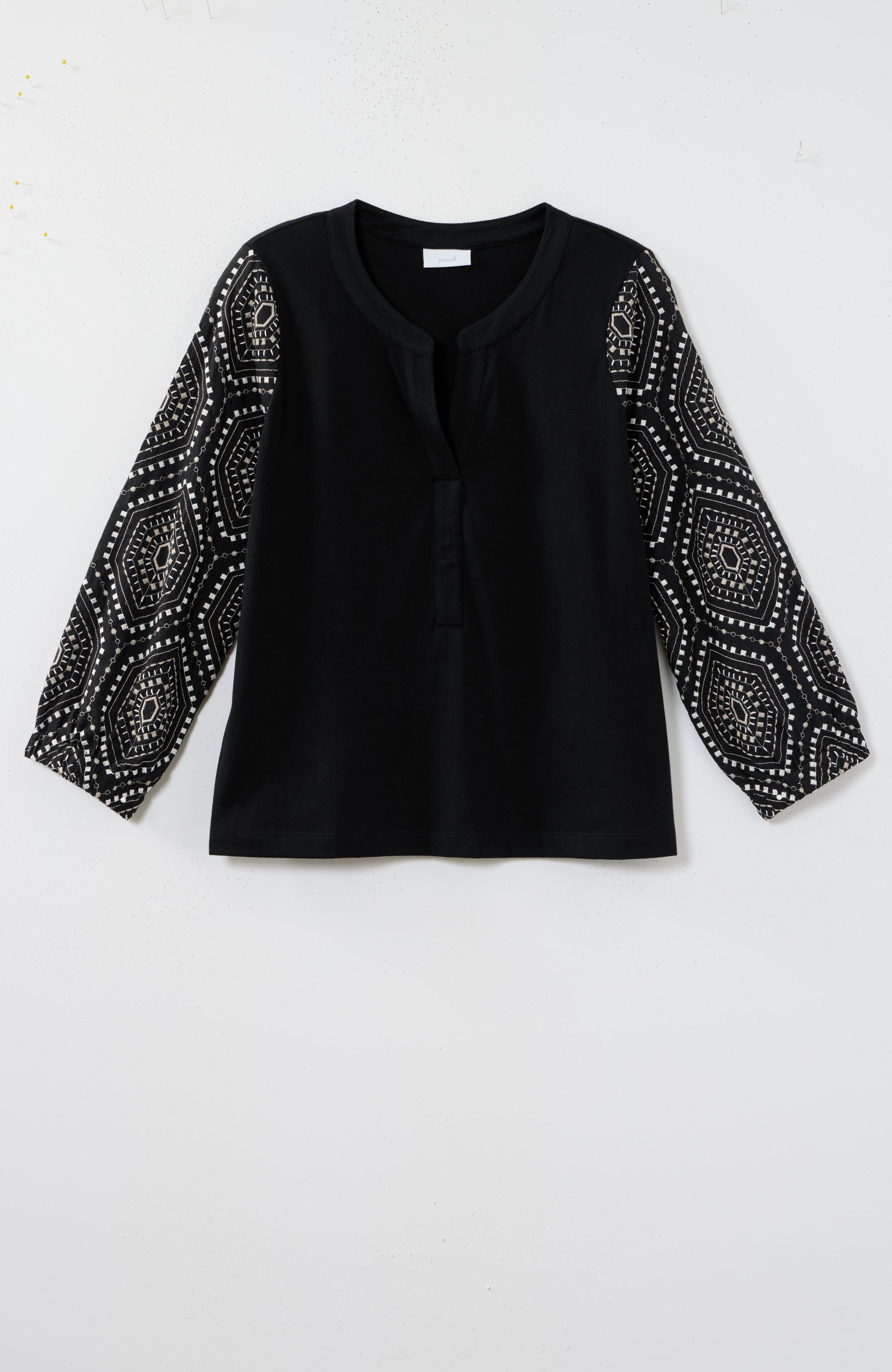 Pure Jill Knit Embroidered-Sleeve Top