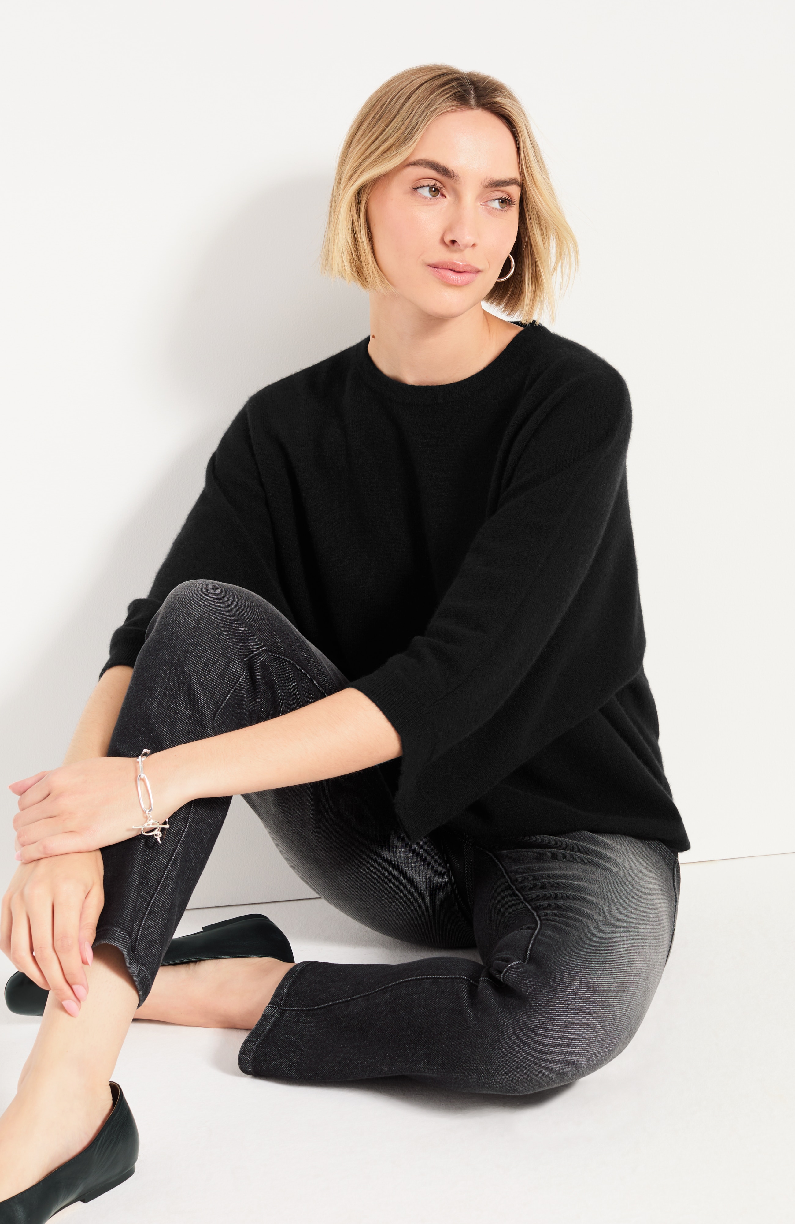 Pure Jill Cashmere Elbow-Sleeve Sweater