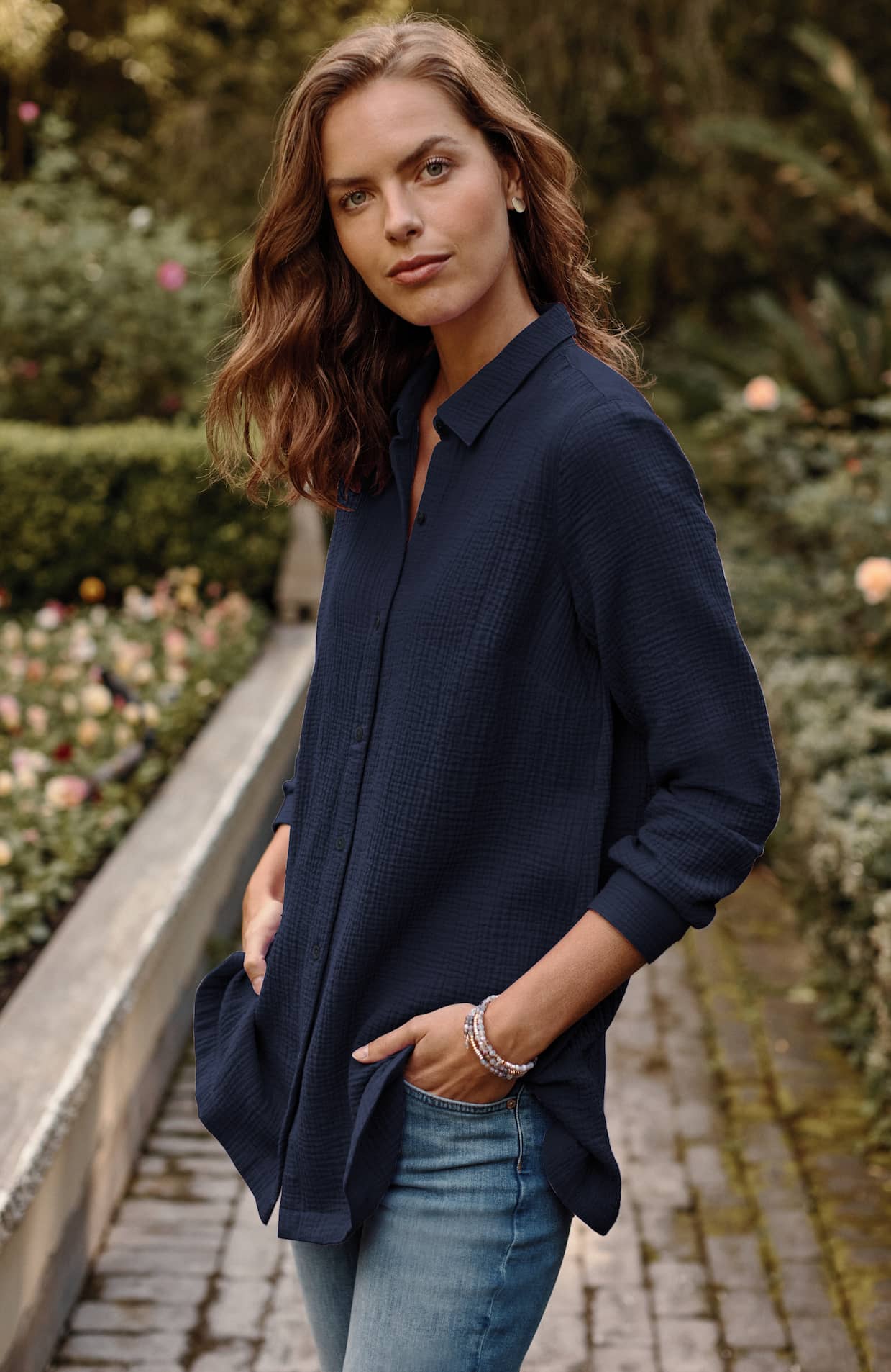 COTTON-GAUZE BUTTON-FRONT TUNIC | JJill