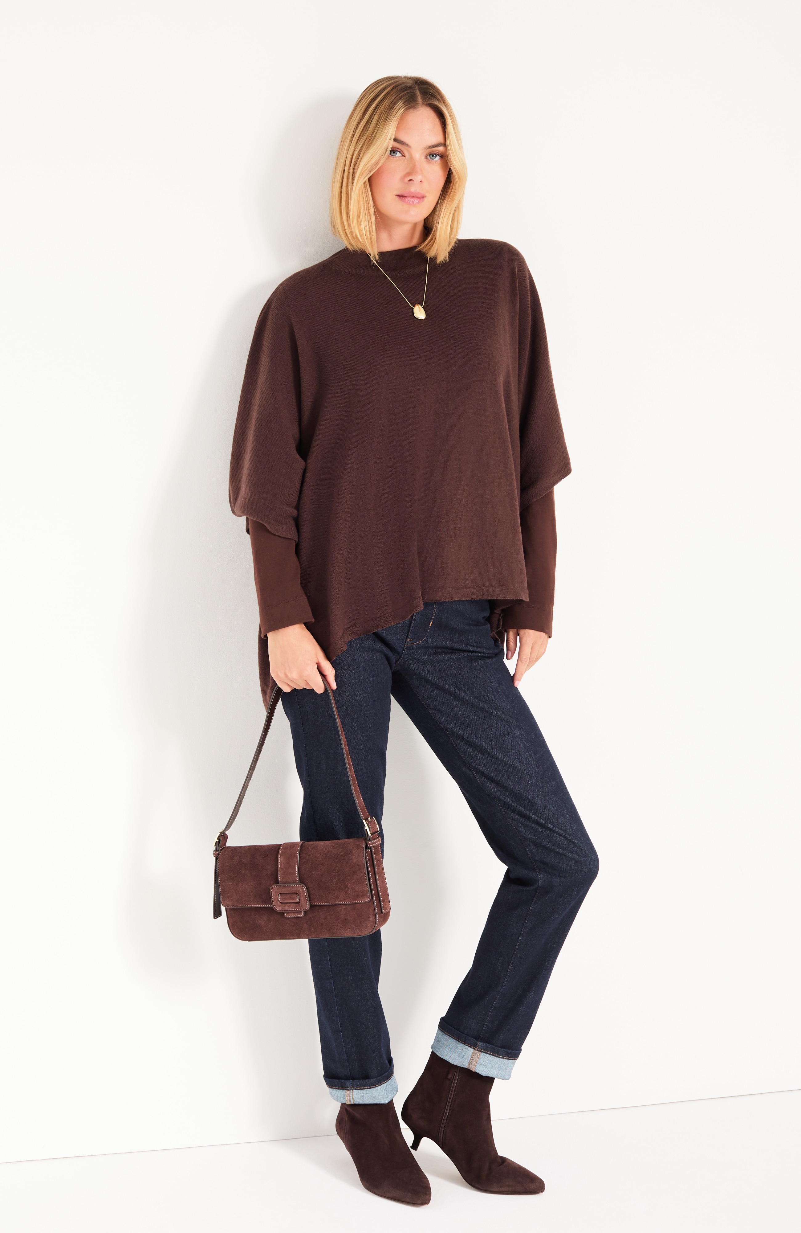 Cotton Cashmere Mock-Neck Poncho