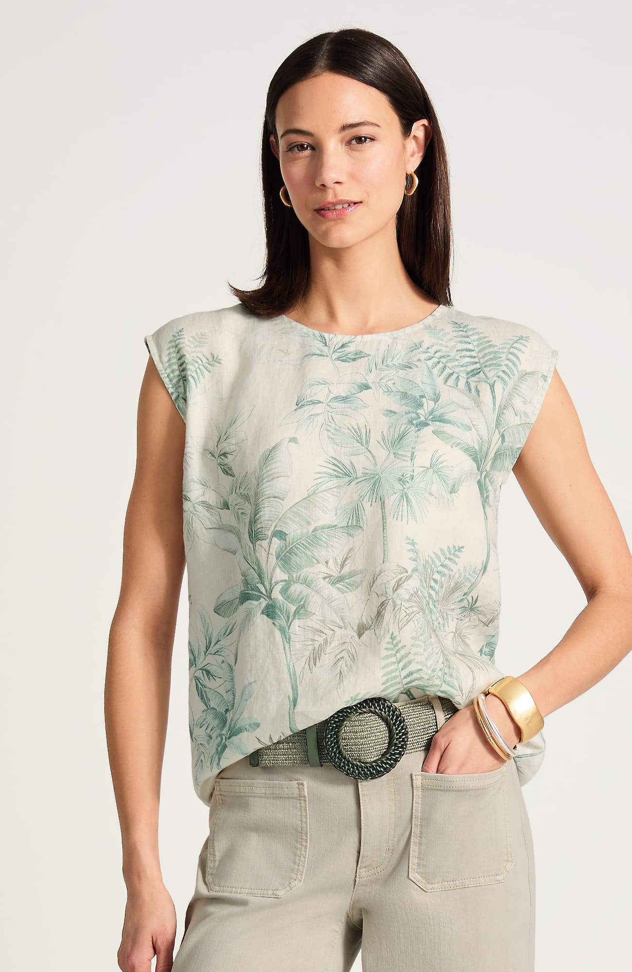 Women's Plus Size Linen Printed Tee Shirt (Cream Vintage Palm Toile) (Size: 4X) J. Jill