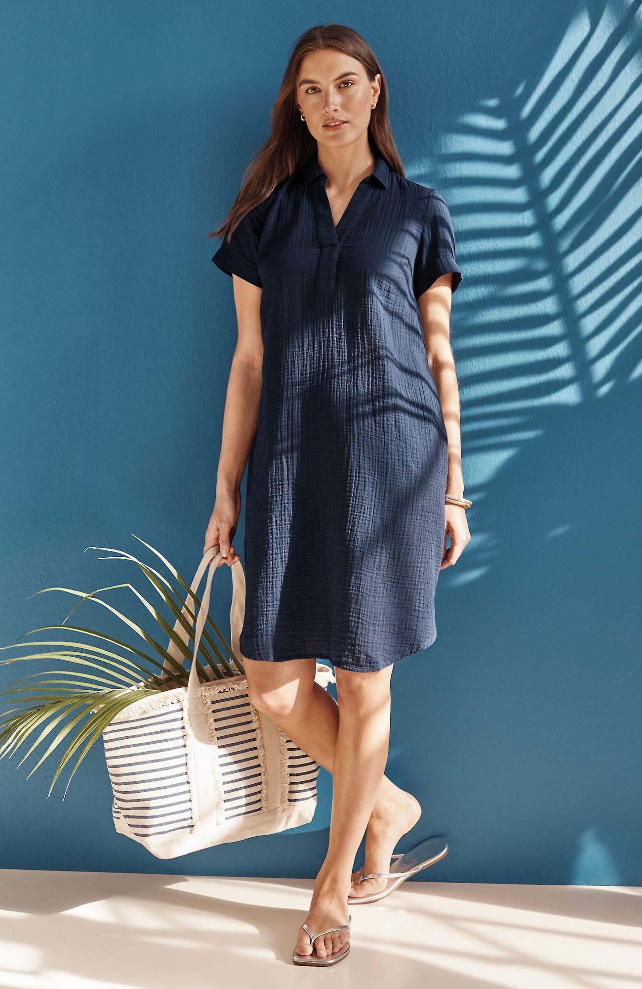 Jjill Petite Cotton-gauze Popover Dress In True Navy
