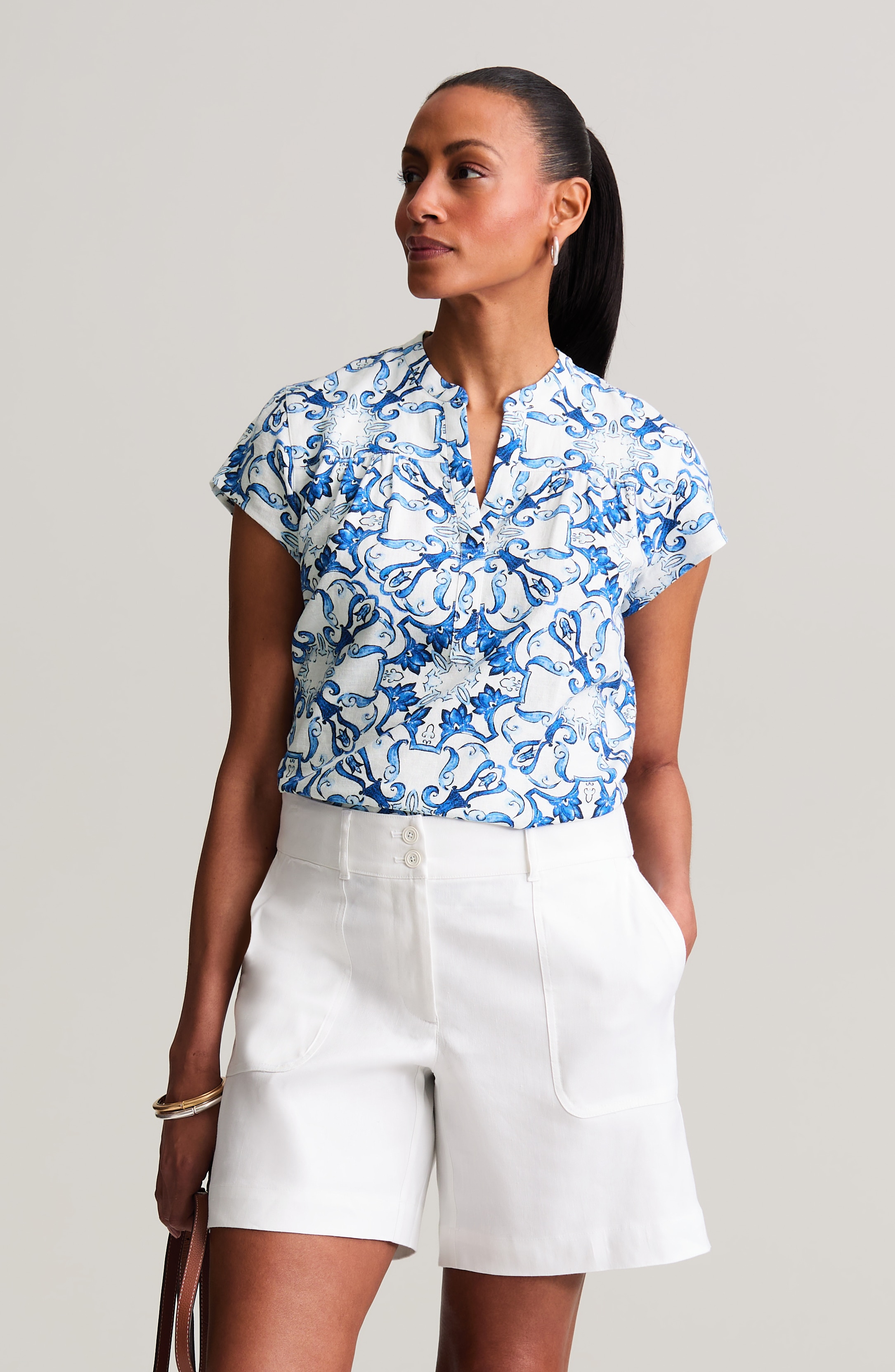 linen-blend printed top