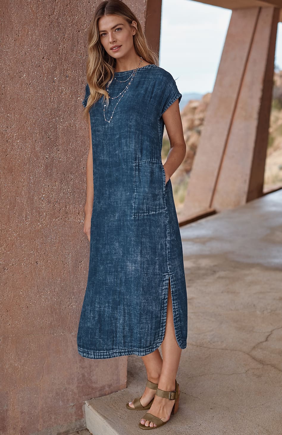 j jill denim dress Alison Eyelet washlabshop 57 Bust Knee Length J Jill Denim