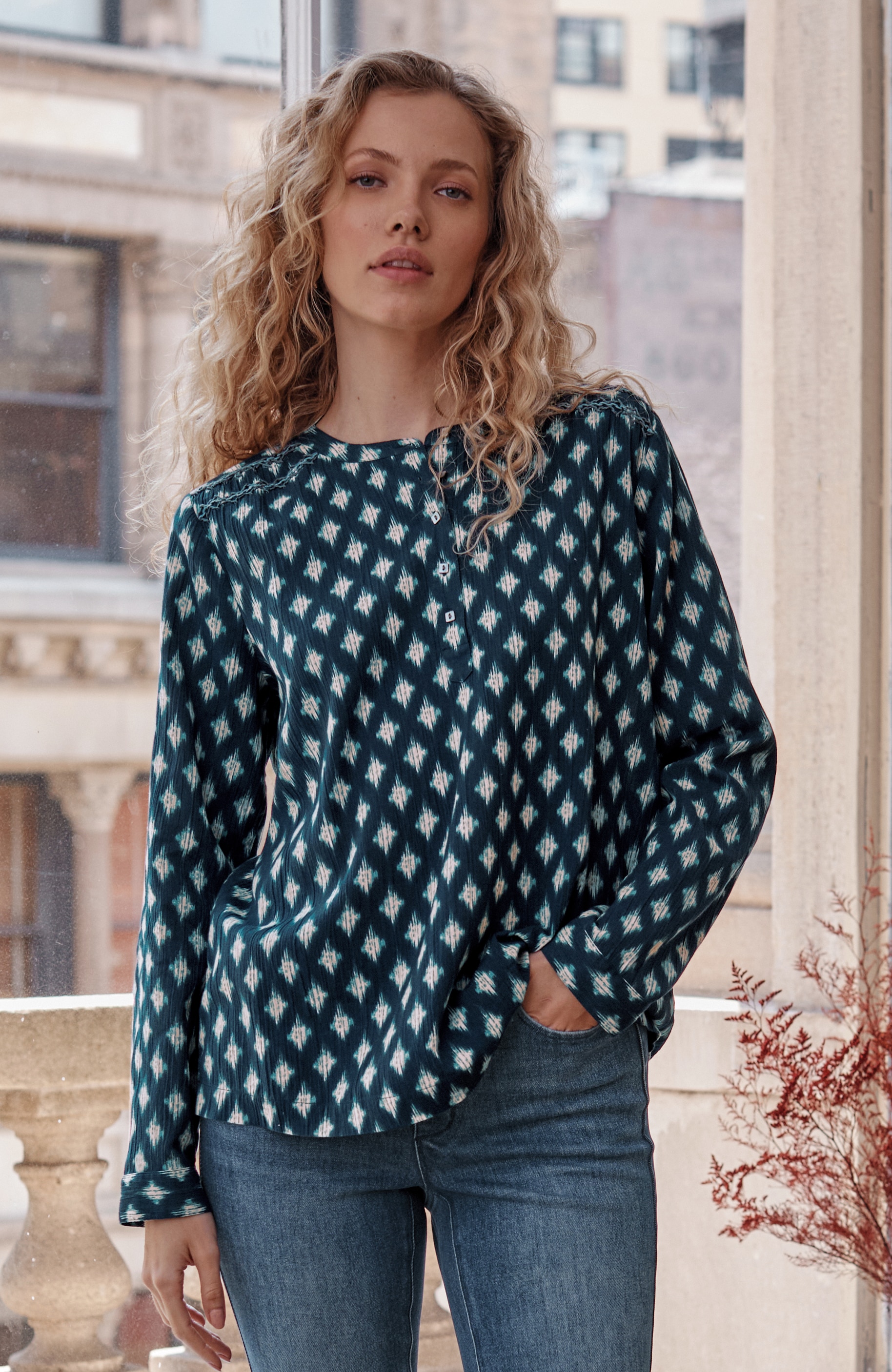 Pure Jill Printed Smocked Henley Top