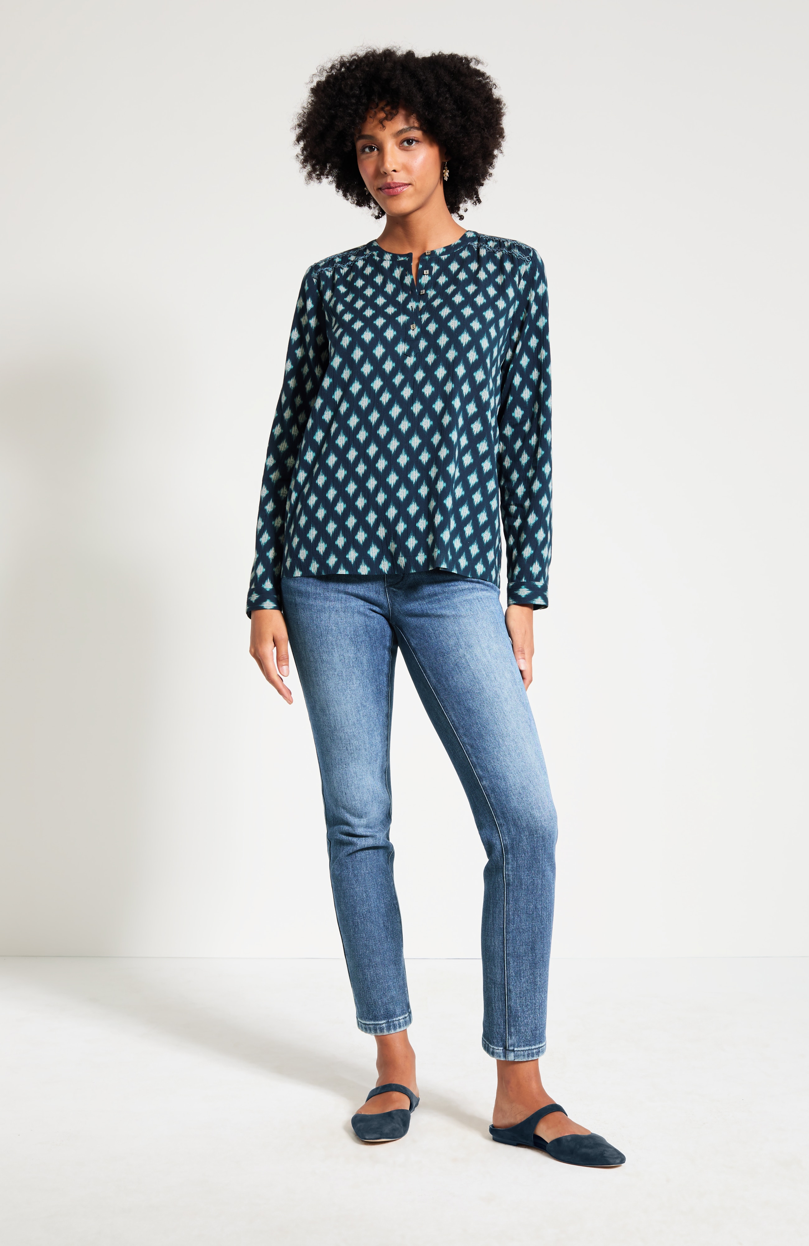 Pure Jill Printed Smocked Henley Top
