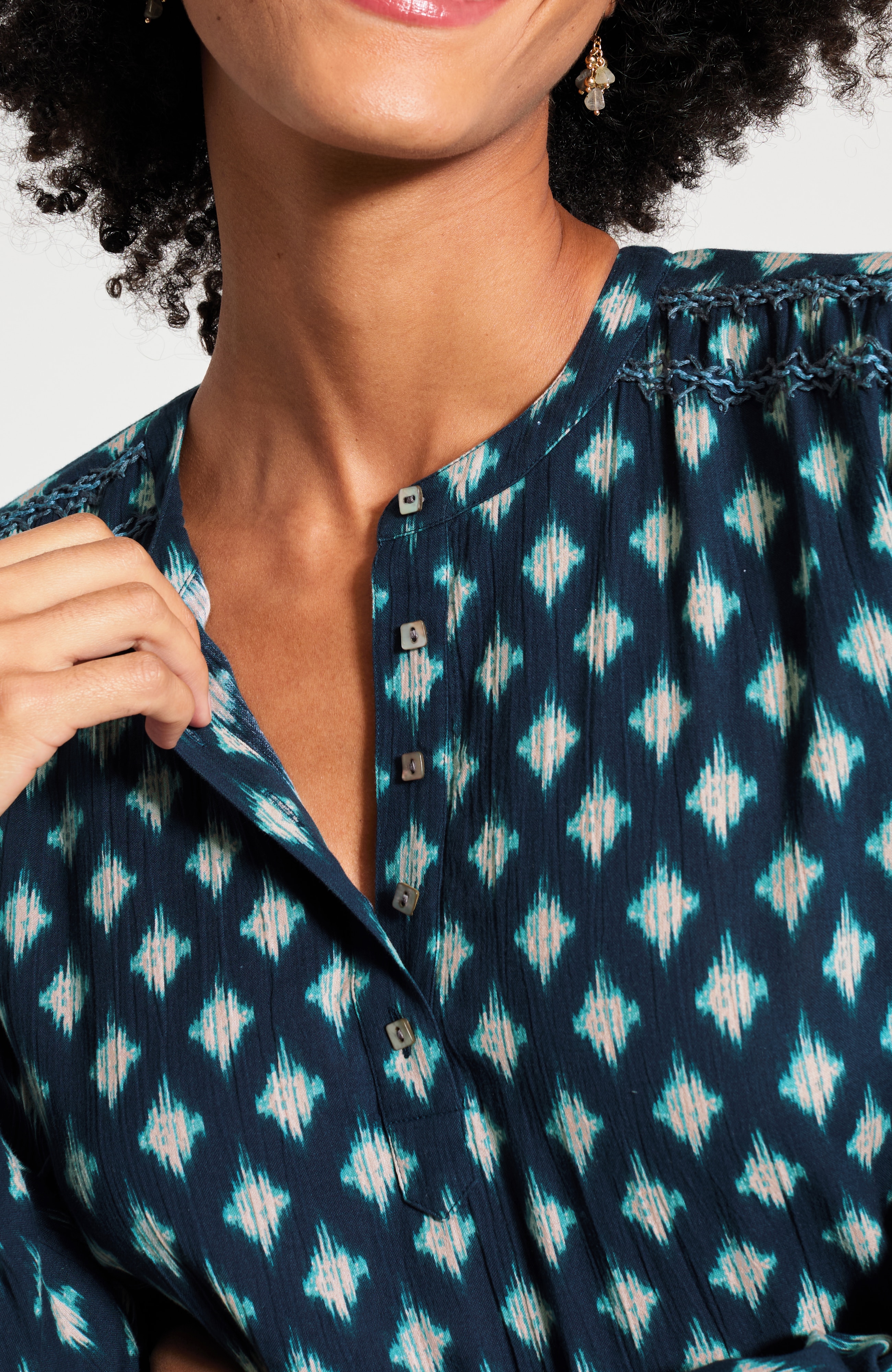 Pure Jill Printed Smocked Henley Top