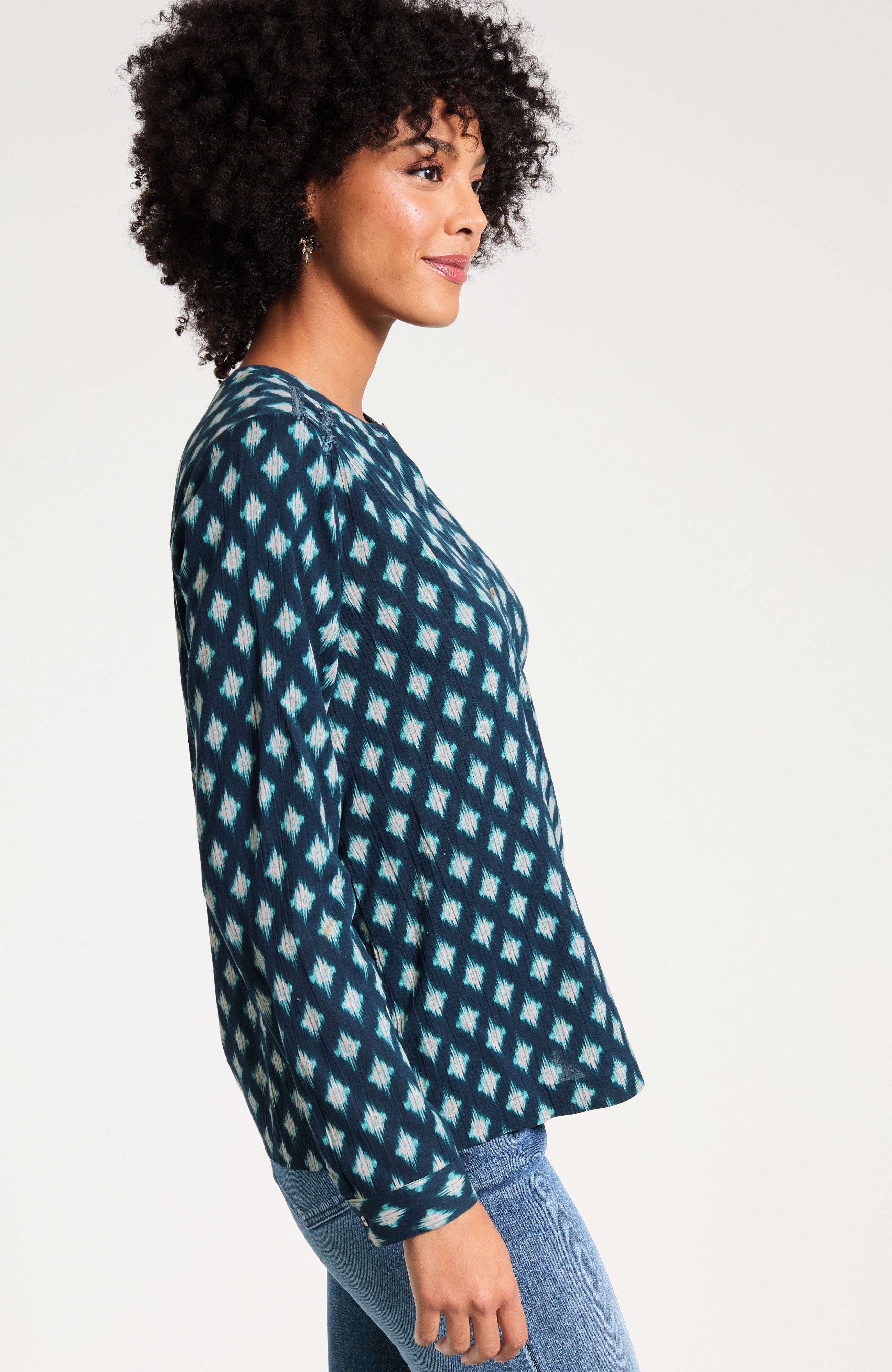 Pure Jill Printed Smocked Henley Top